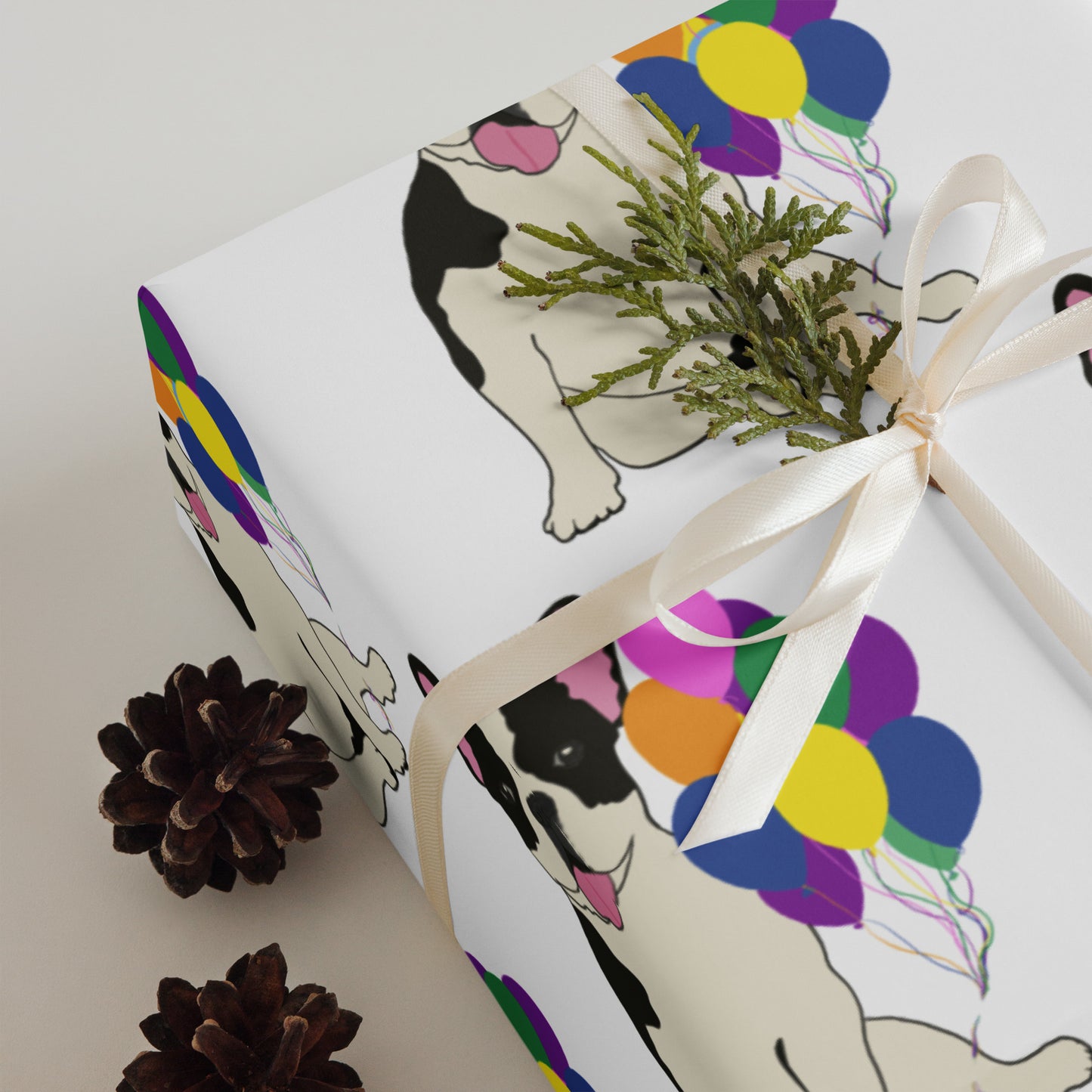 French Bulldog Birthday (Black Pied) White Backgound Wrapping Paper Sheets