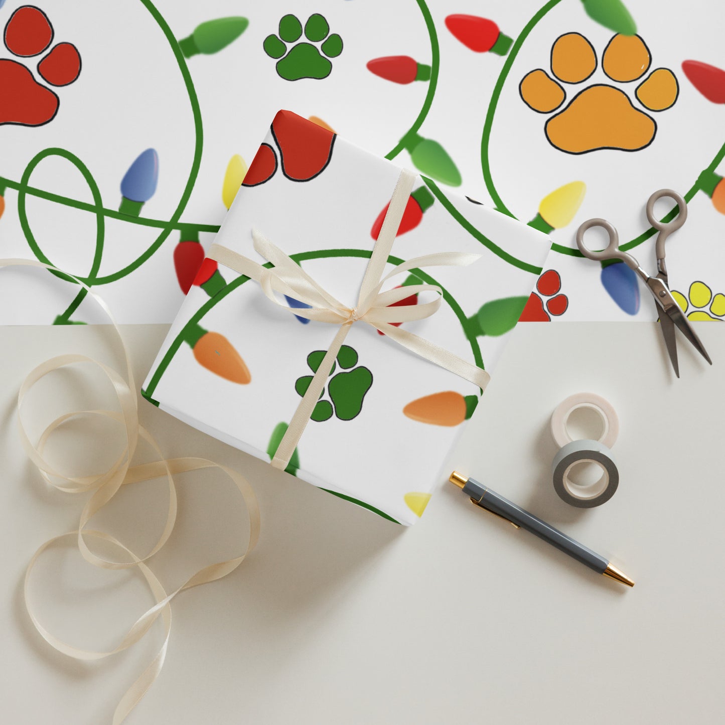 Holiday Paw & Lights Wrapping Paper Sheets