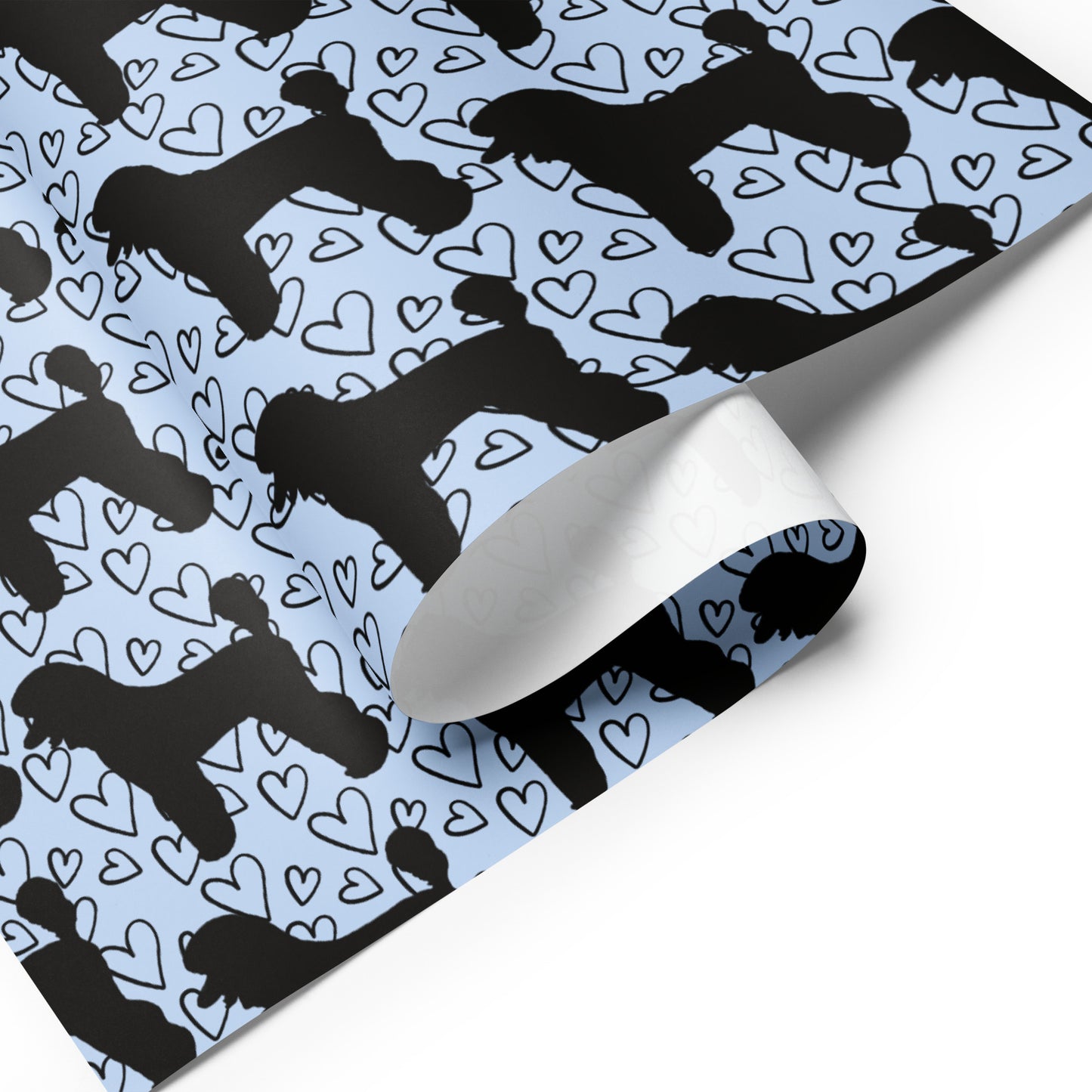 Black Poodle on Blue with Hearts Background Wrapping Paper Sheets