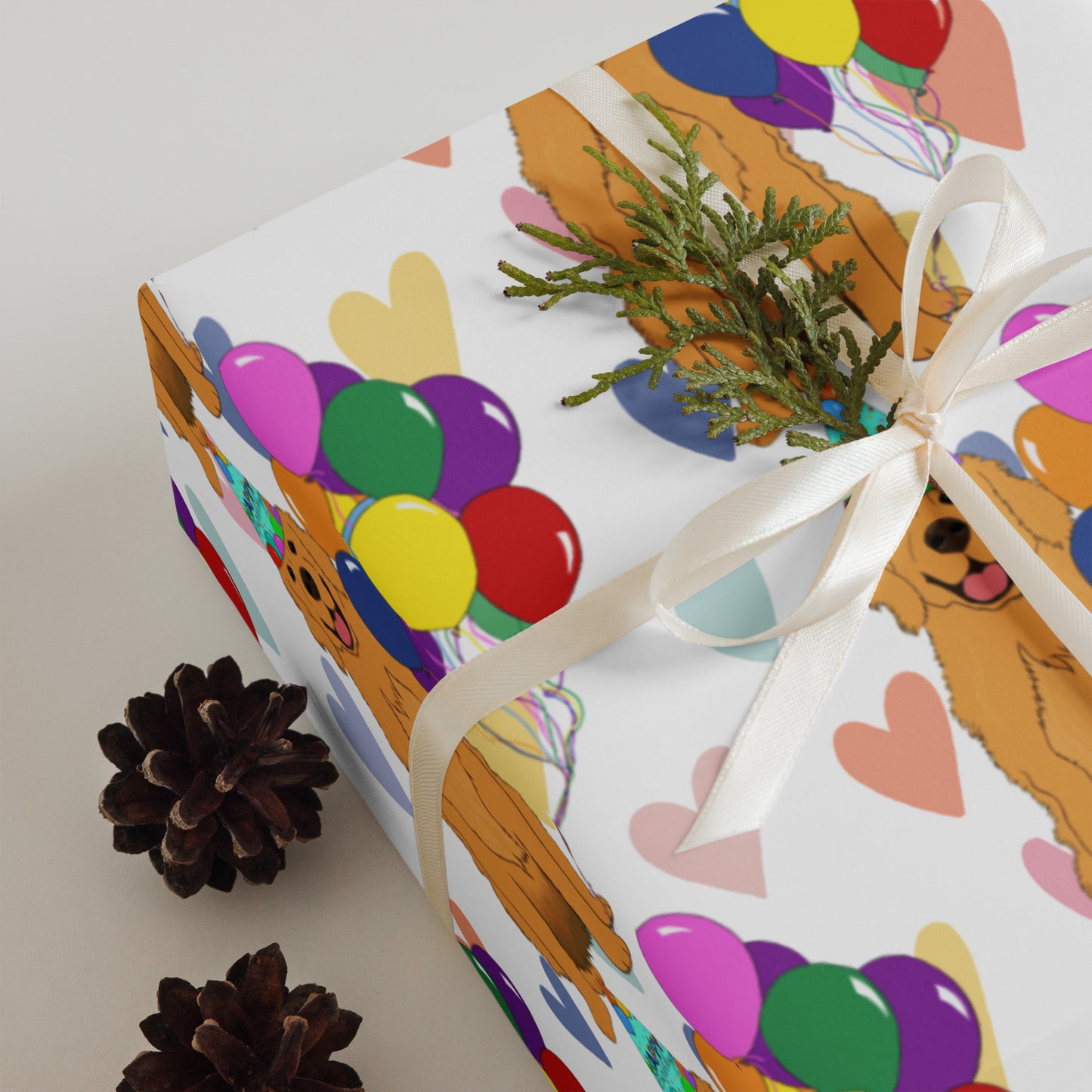 Golden Retriever White Heart Background Wrapping Paper Sheets