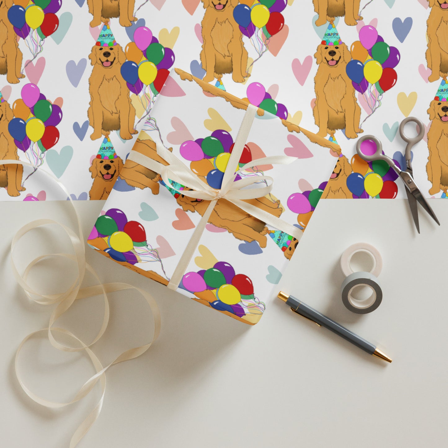 Golden Retriever White Heart Background Wrapping Paper Sheets