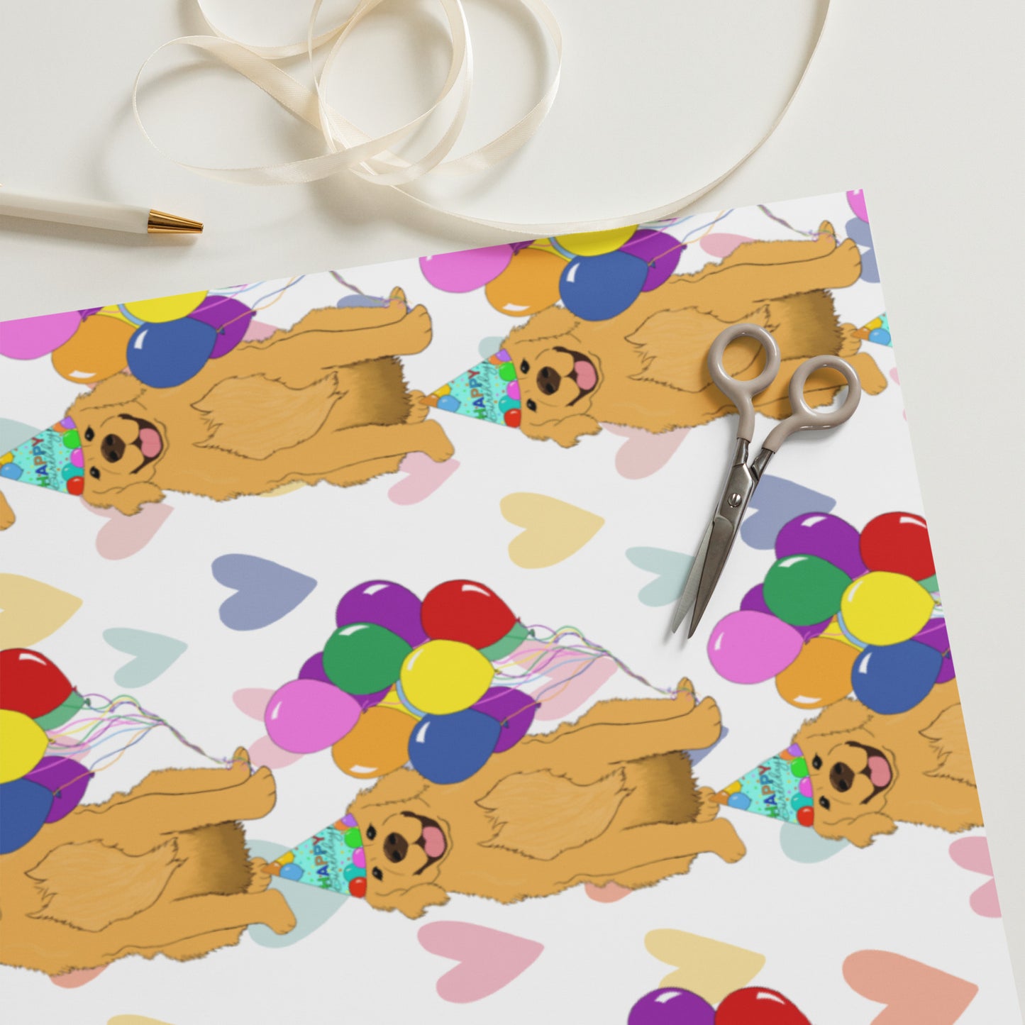 Golden Retriever White Heart Background Wrapping Paper Sheets