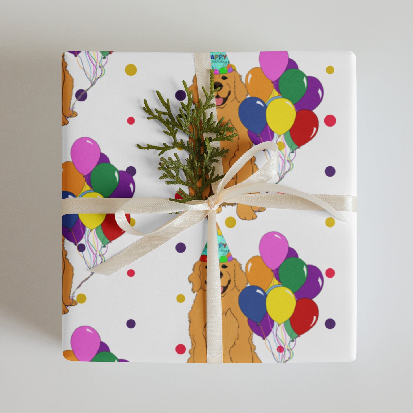 Golden Retriever Birthday White Polka Dot Background Wrapping Paper Sheets