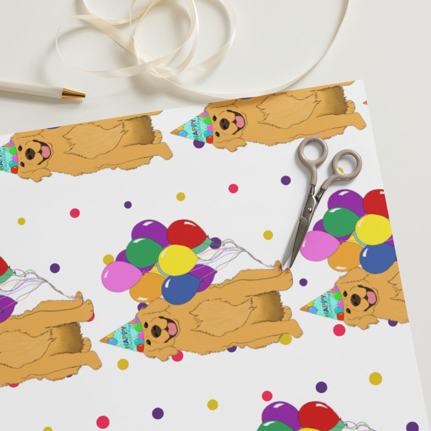 Golden Retriever Birthday White Polka Dot Background Wrapping Paper Sheets