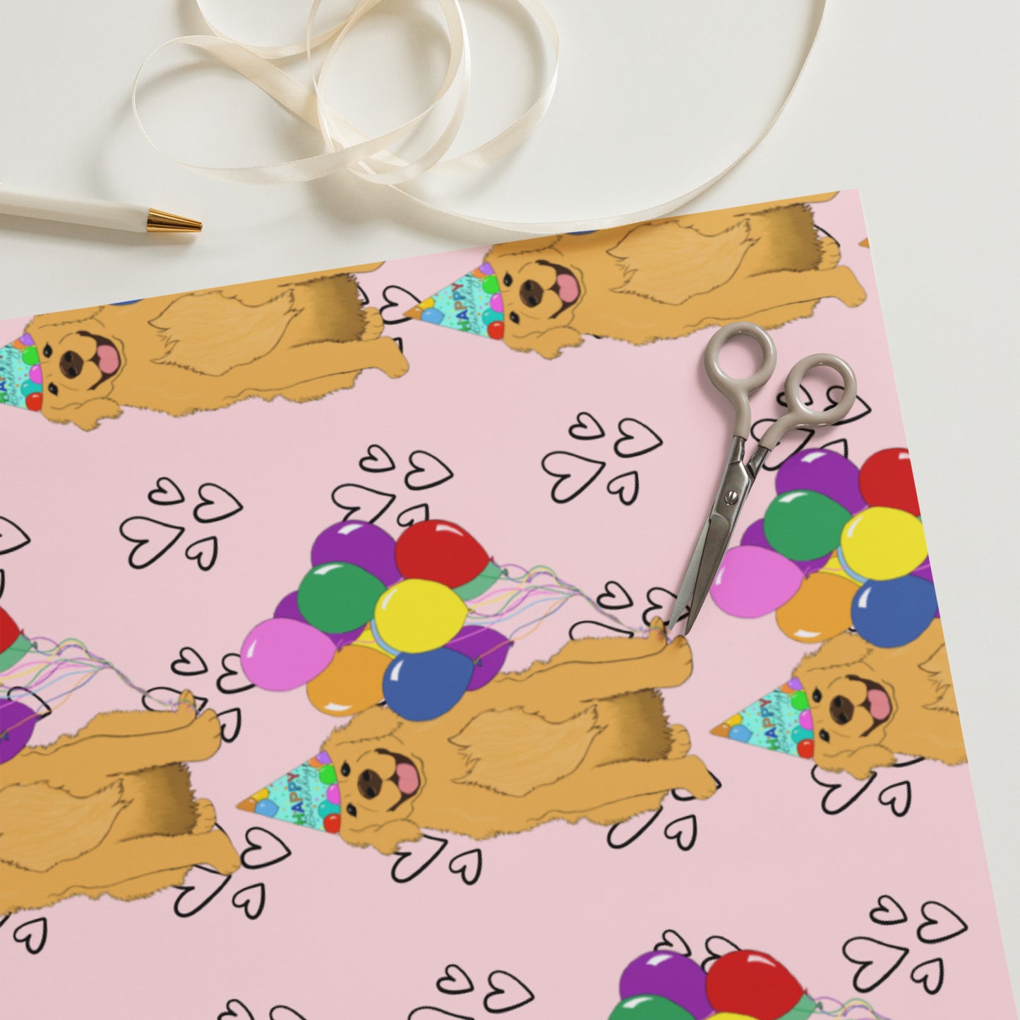 Golden Retriever Birthday Pink Heart Background Wrapping Paper Sheets