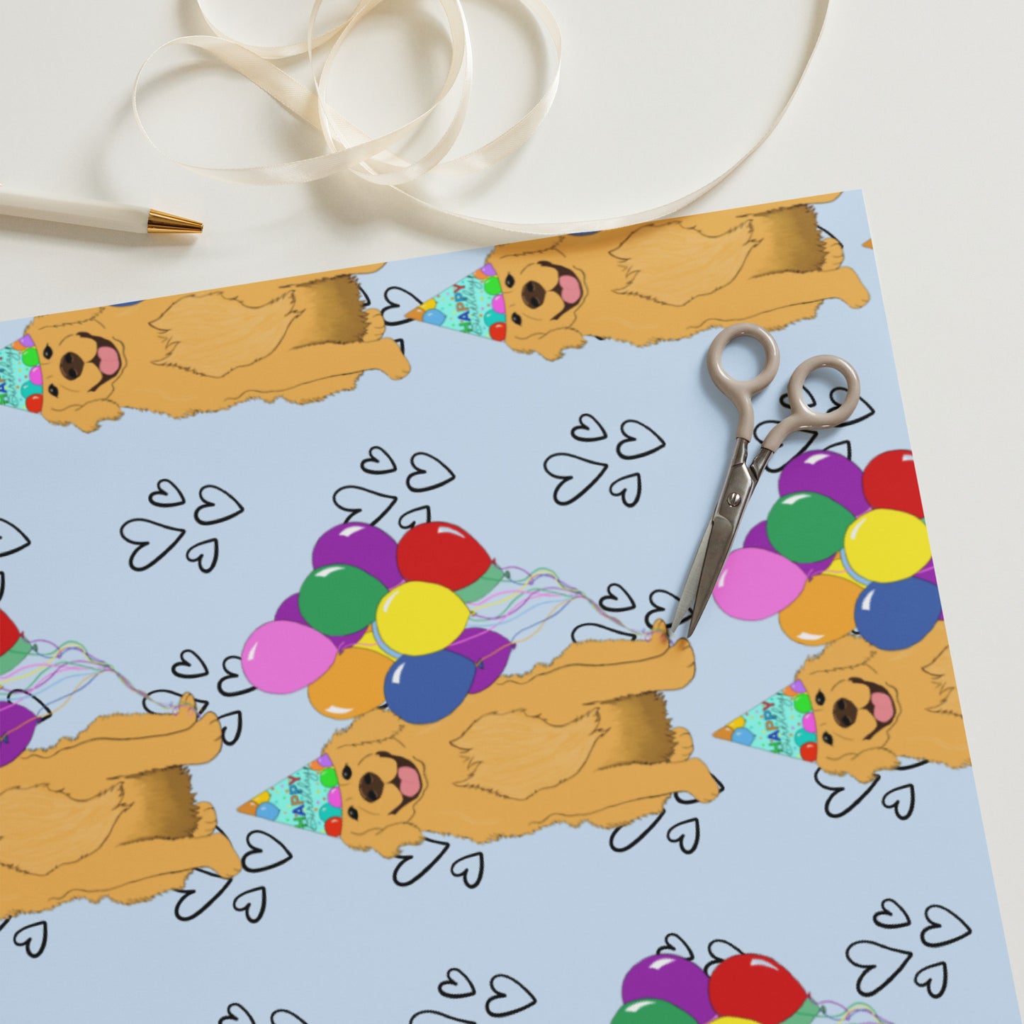 Golden Retriever Birthday Blue Heart Background Wrapping Paper Sheets