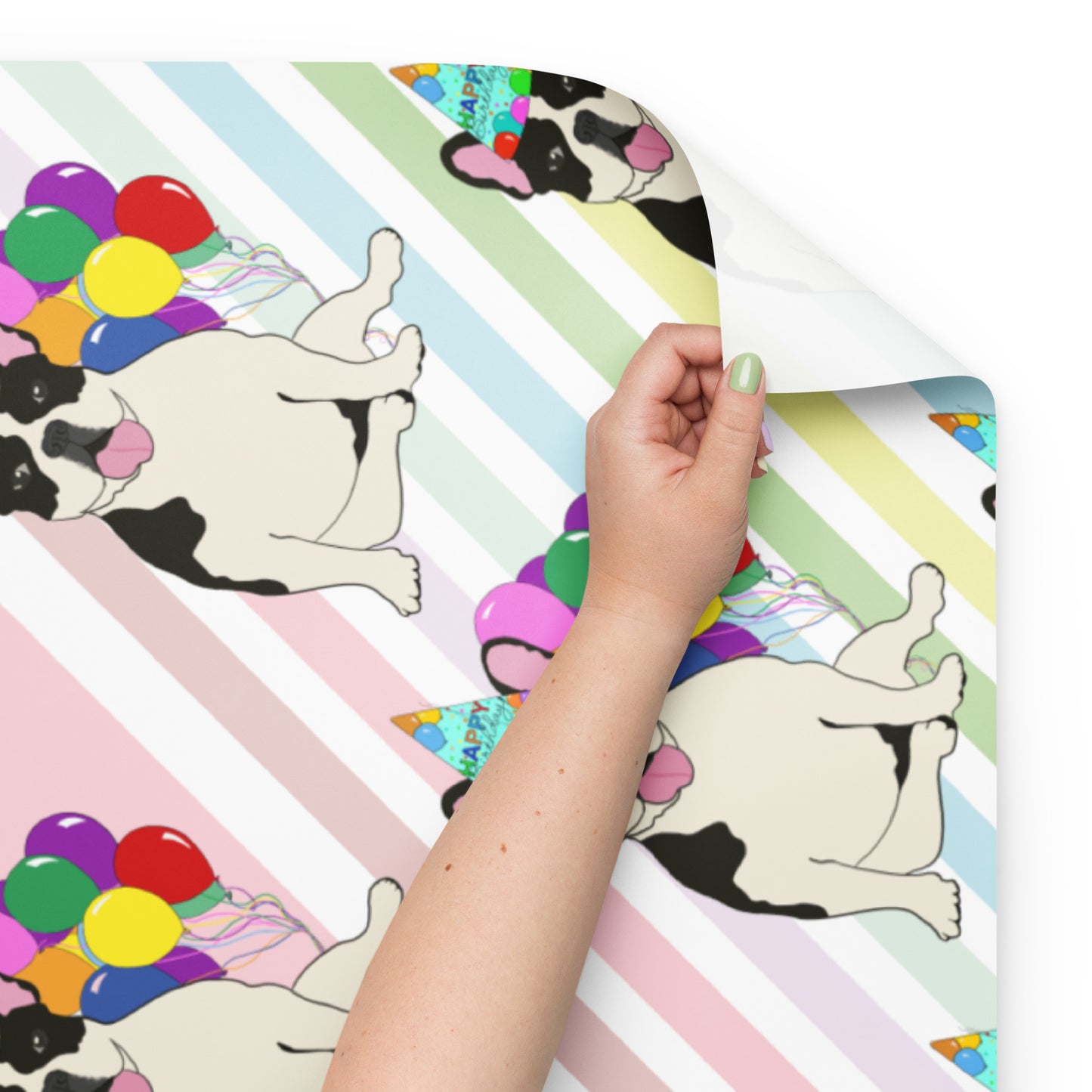 French Bulldog Birthday (Black Pied) Color Diagonal Background Wrapping Paper Sheets