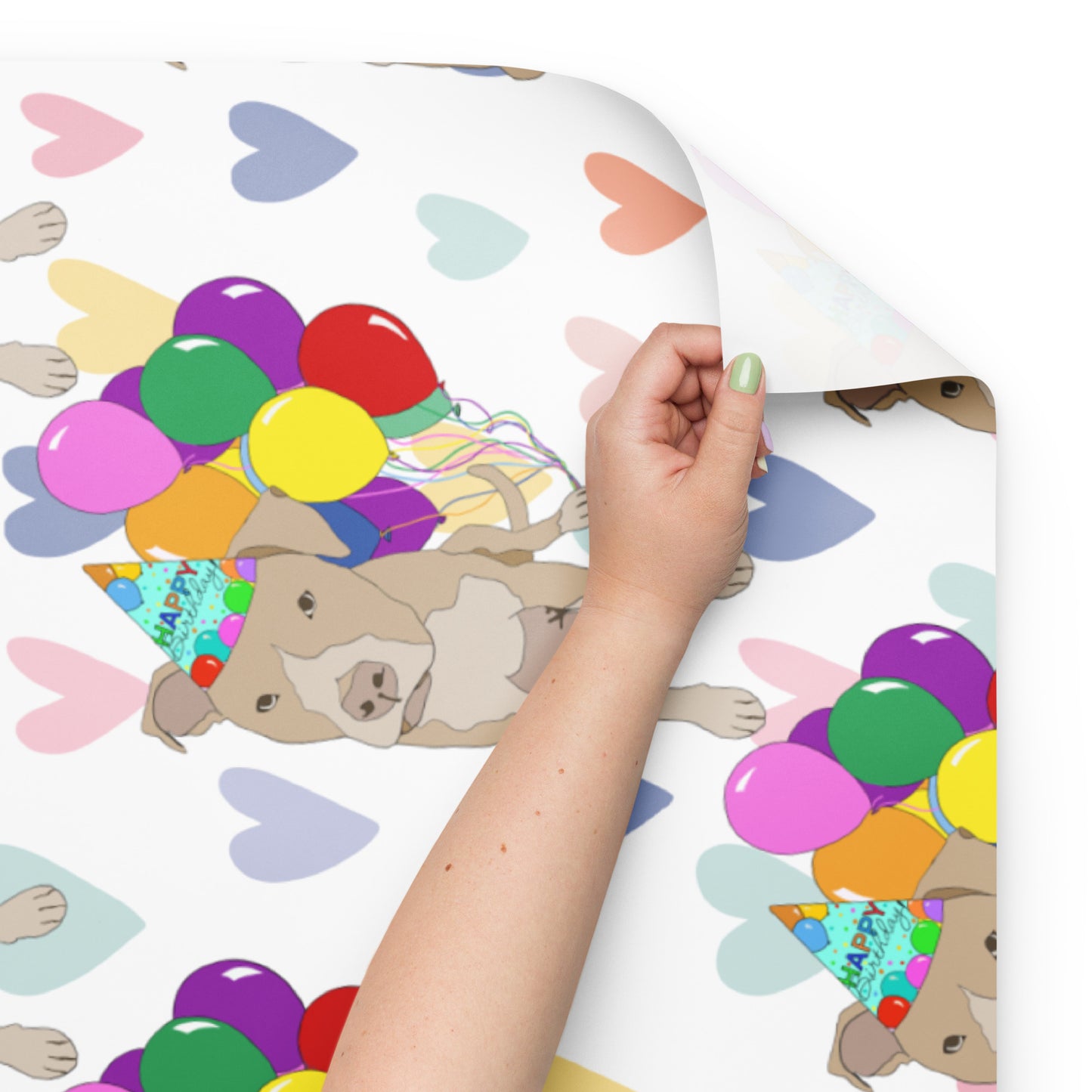 Tan Pit Bull Birthday Color Hearts Background Wrapping Paper Sheets