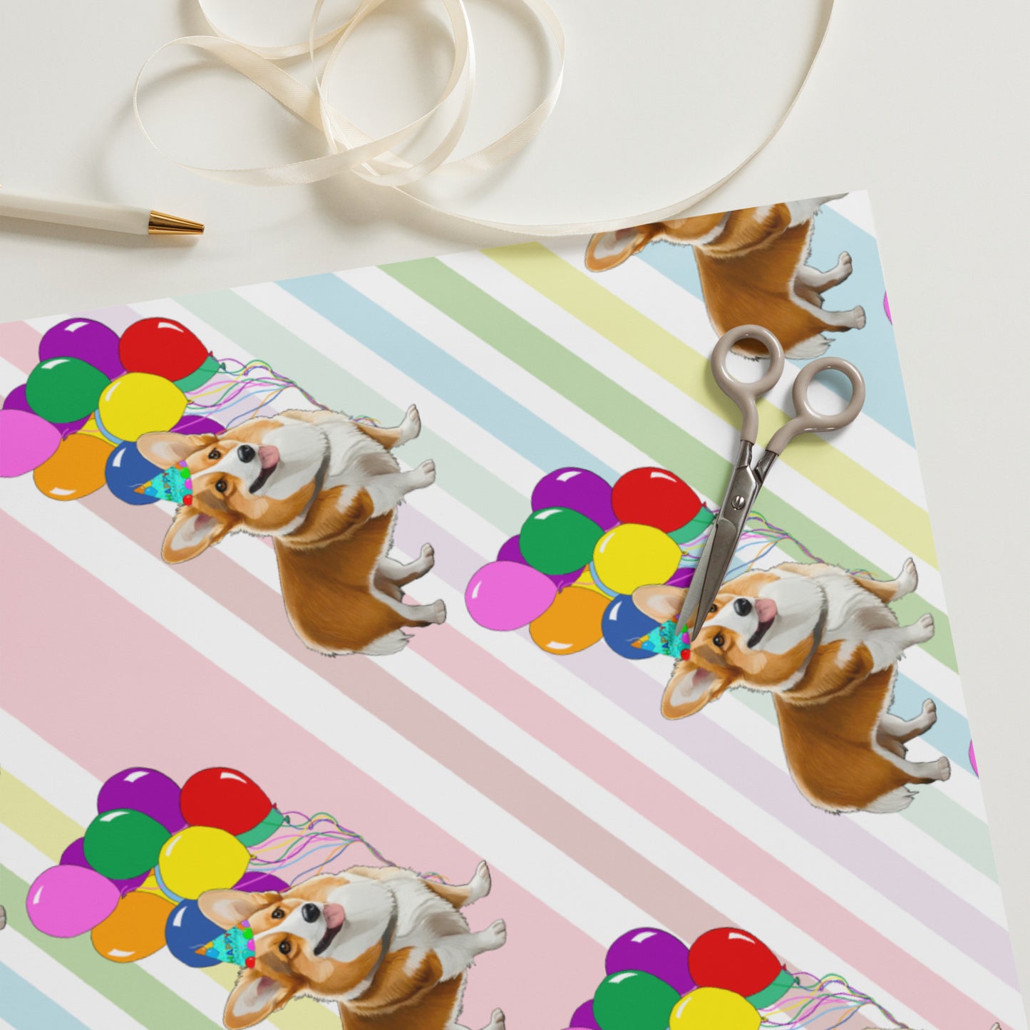 Corgi Birthday Diagonal Stripe Wrapping Paper Sheets