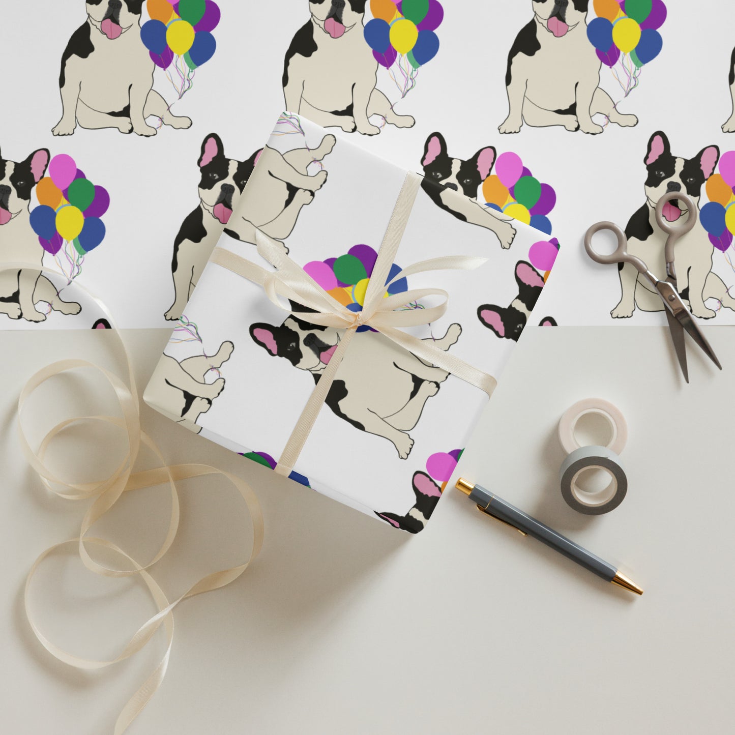 French Bulldog Birthday (Black Pied) White Backgound Wrapping Paper Sheets