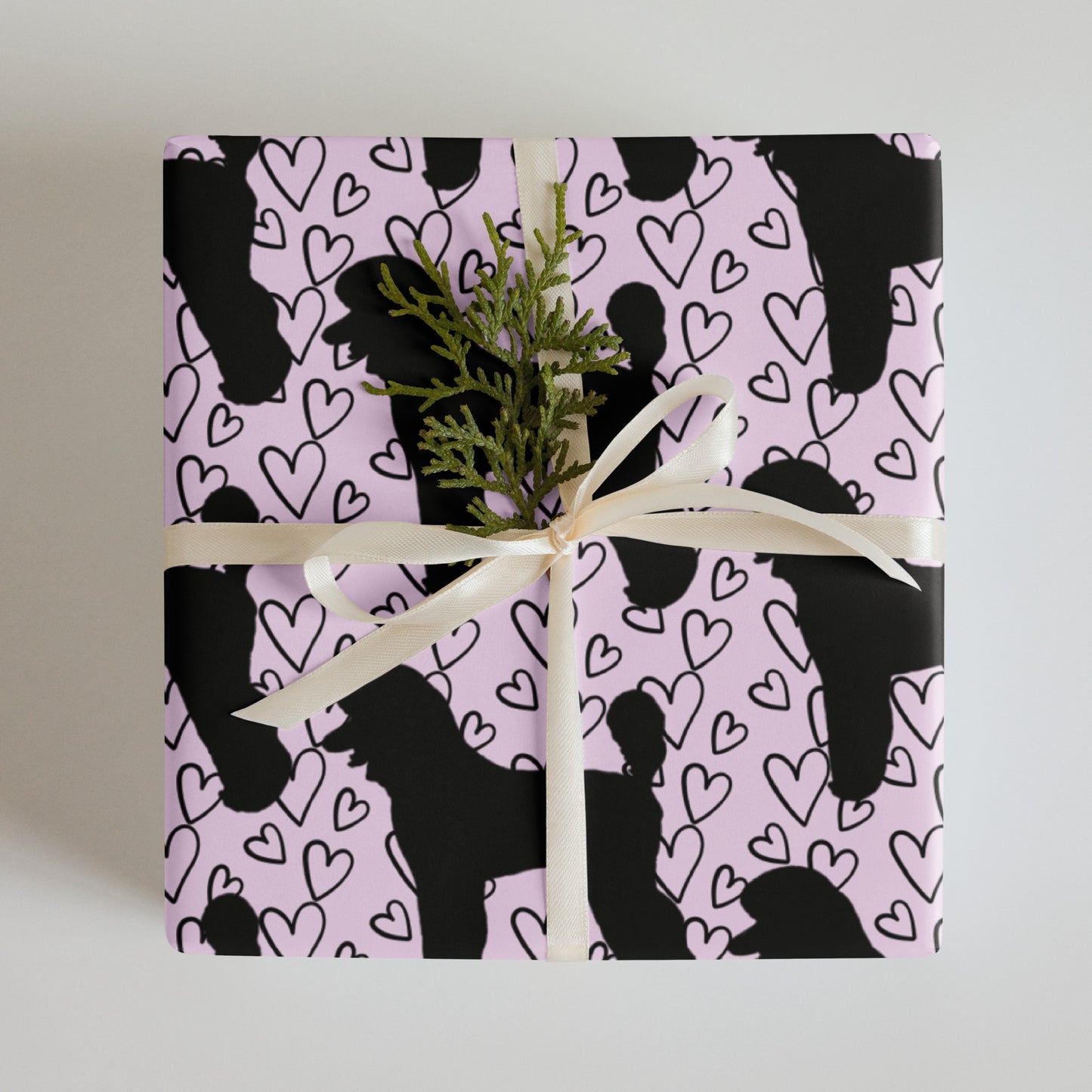 Black Poodle on Pink with Hearts Background Wrapping Paper Sheets
