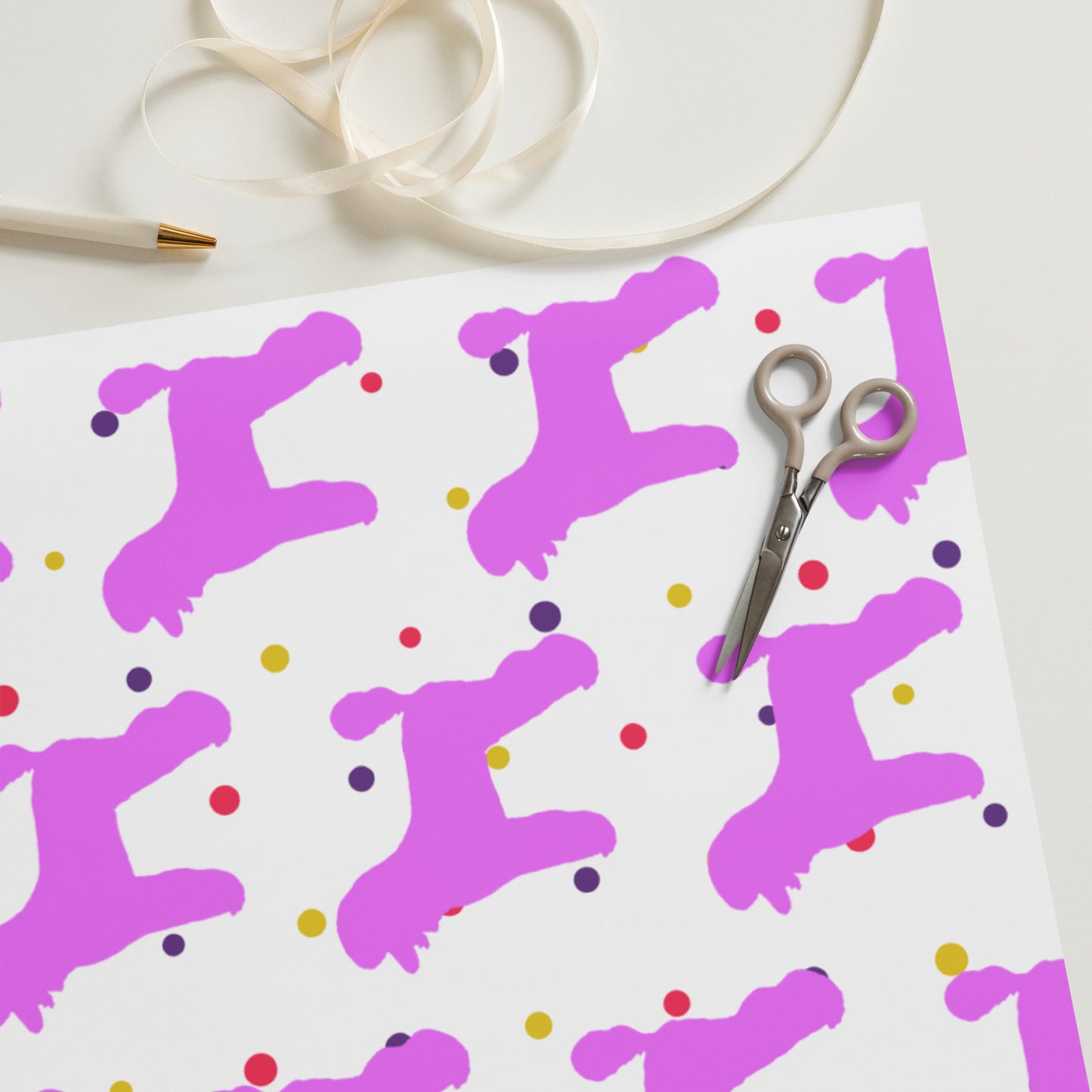 Pink Poodle on Polka Dots Background Wrapping Paper Sheets