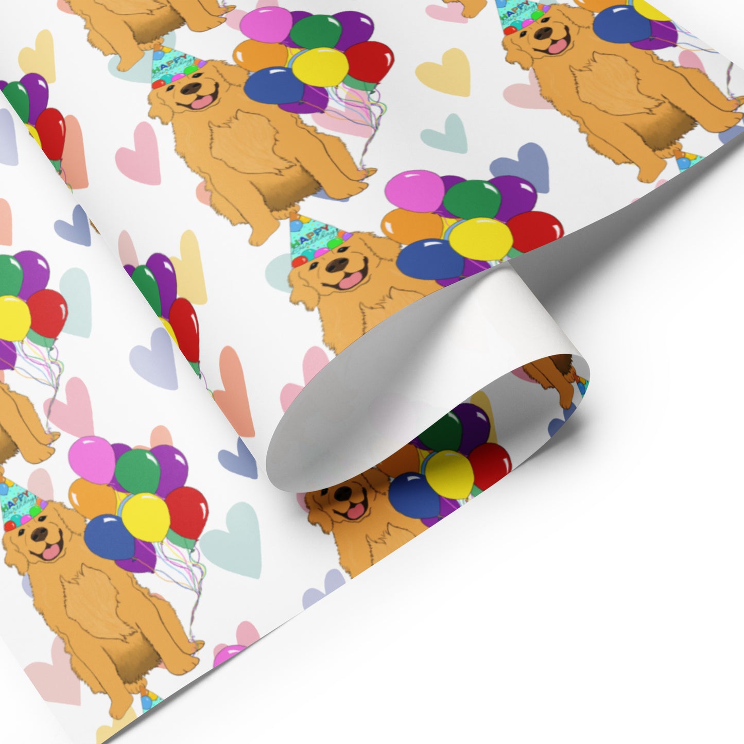 Golden Retriever White Heart Background Wrapping Paper Sheets