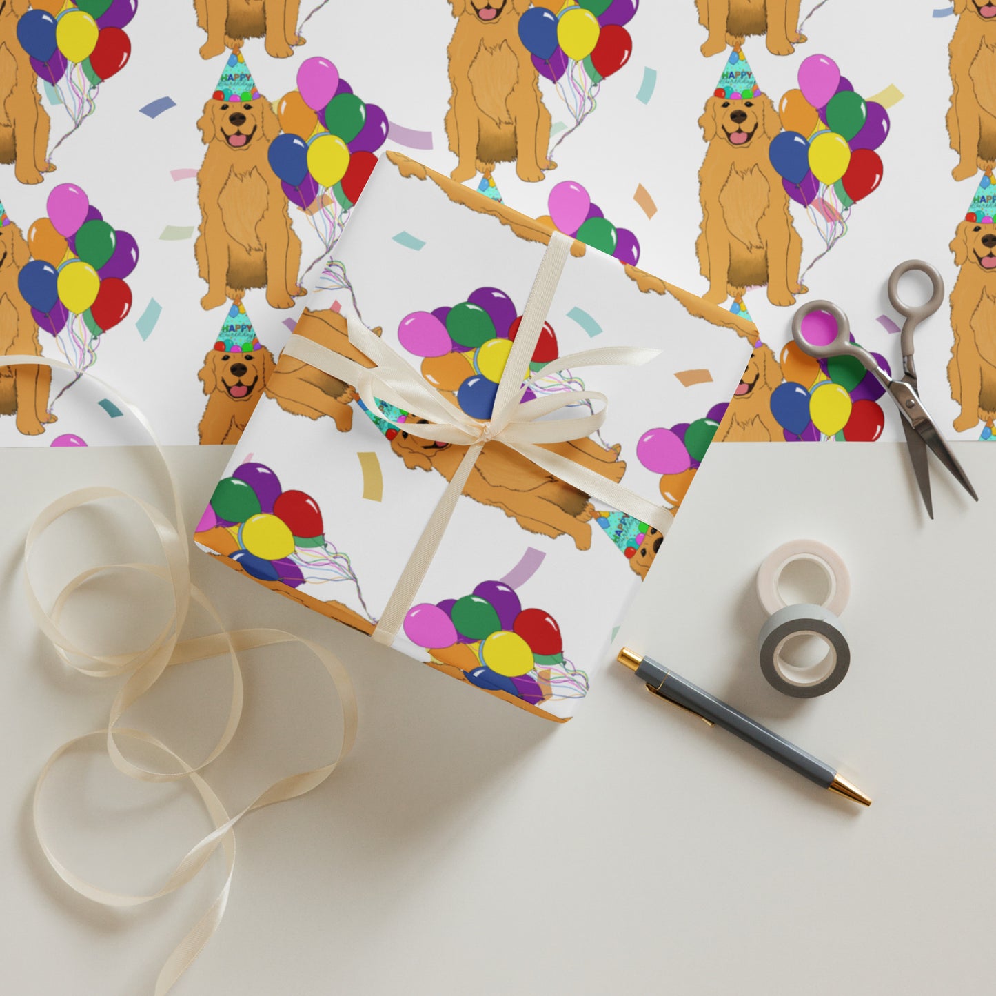 Golden Retriever White Confetti Background Wrapping Paper Sheets