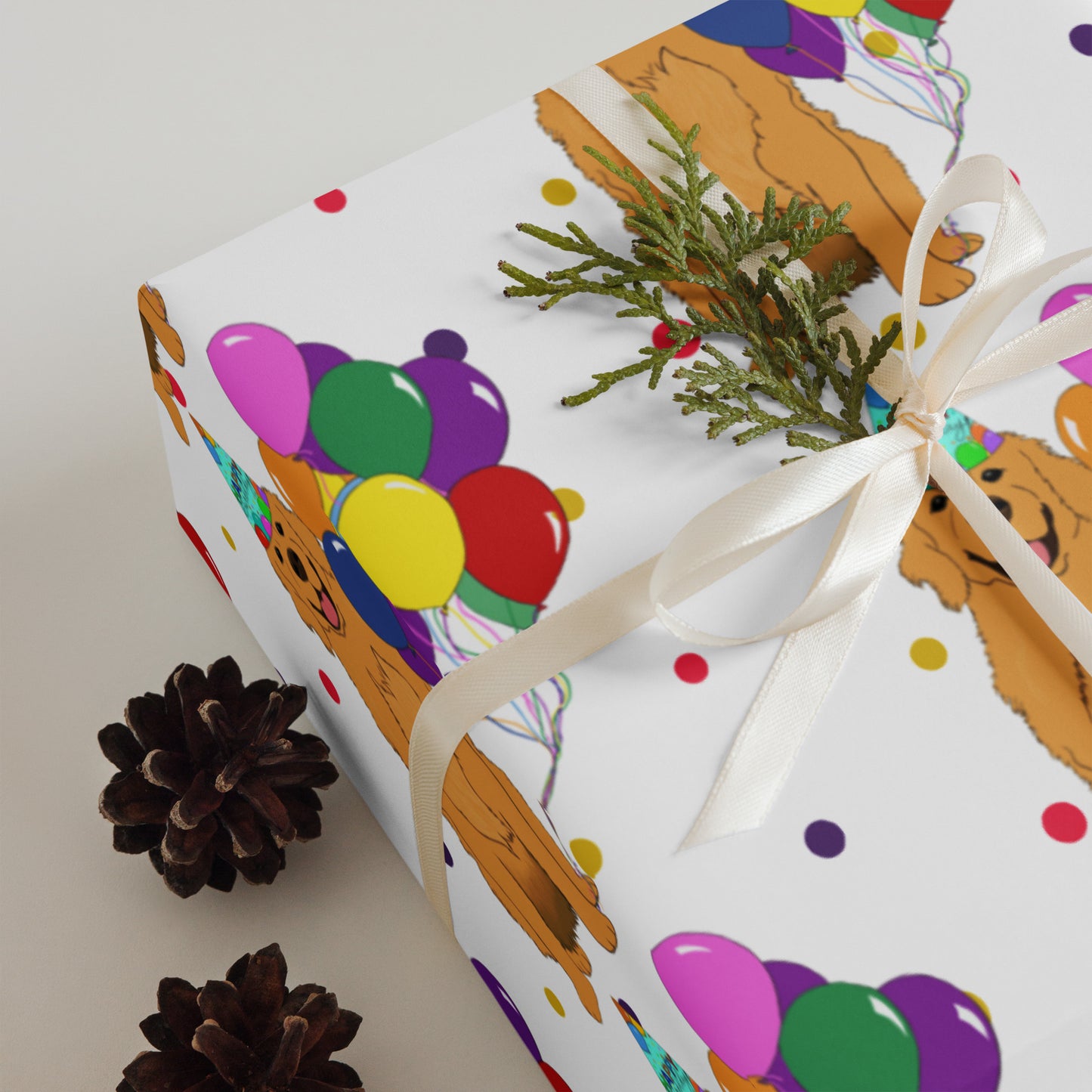 Golden Retriever Birthday White Polka Dot Background Wrapping Paper Sheets