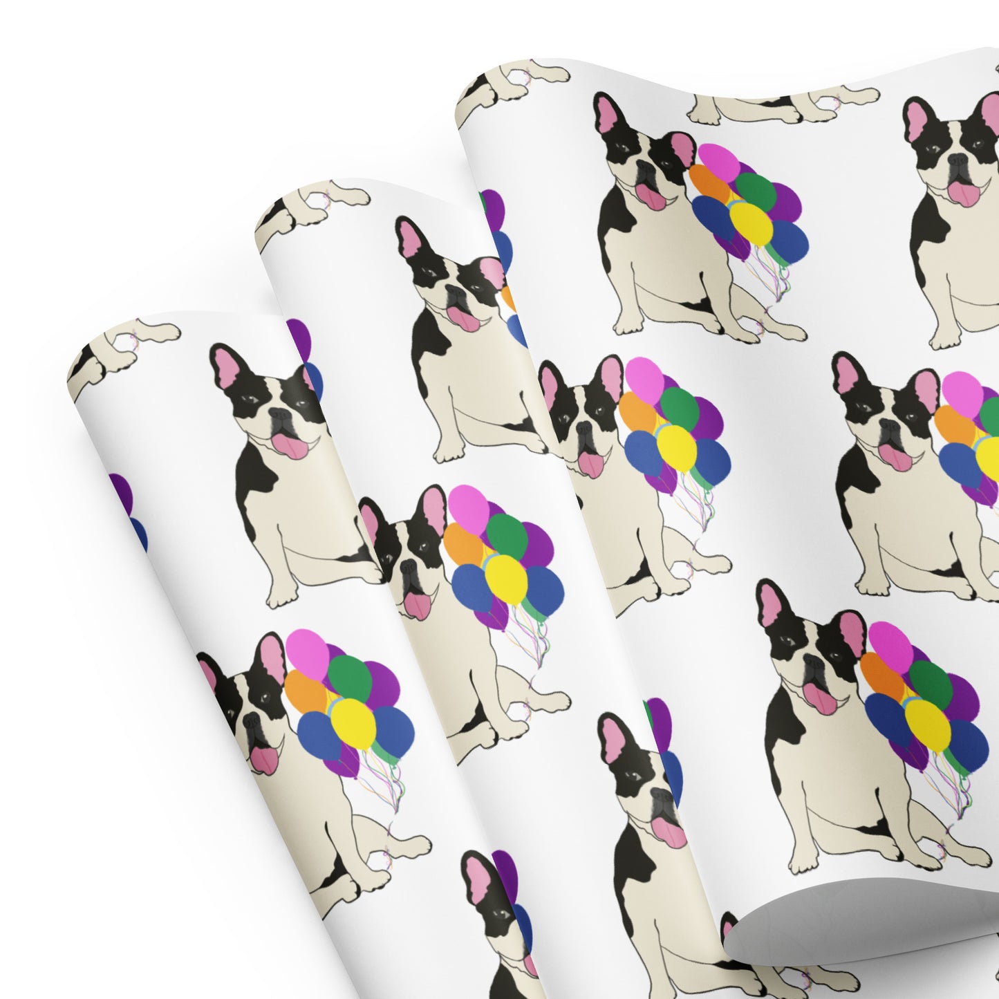 French Bulldog Birthday (Black Pied) White Backgound Wrapping Paper Sheets