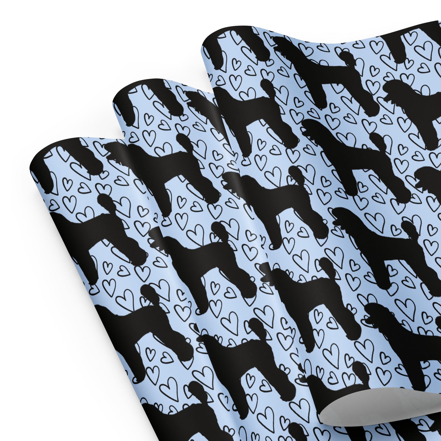 Black Poodle on Blue with Hearts Background Wrapping Paper Sheets