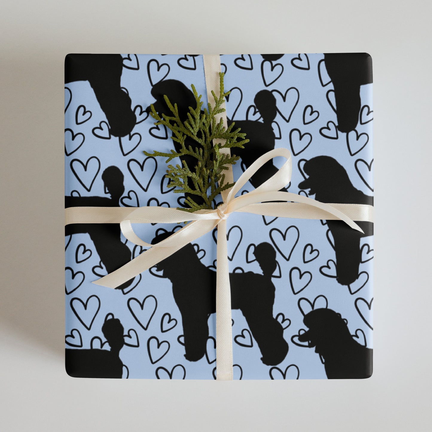 Black Poodle on Blue with Hearts Background Wrapping Paper Sheets