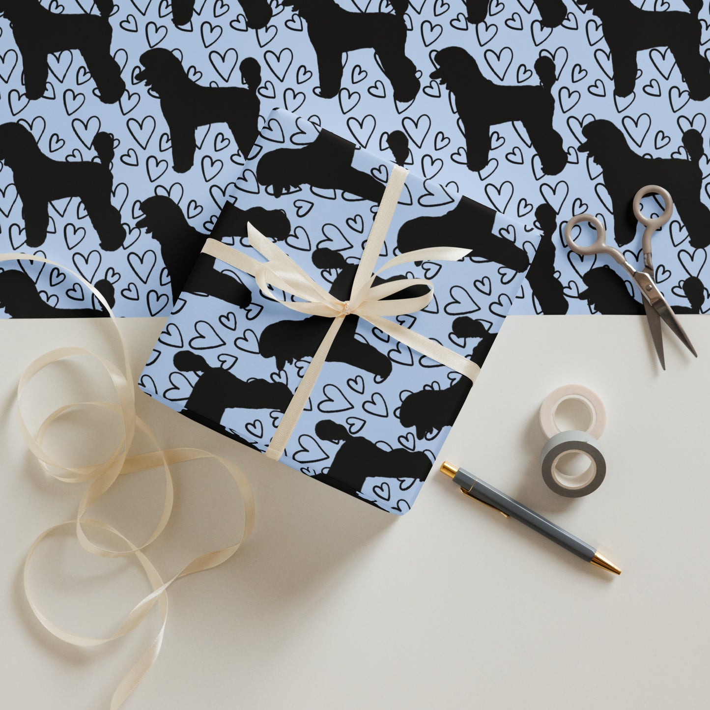 Black Poodle on Blue with Hearts Background Wrapping Paper Sheets