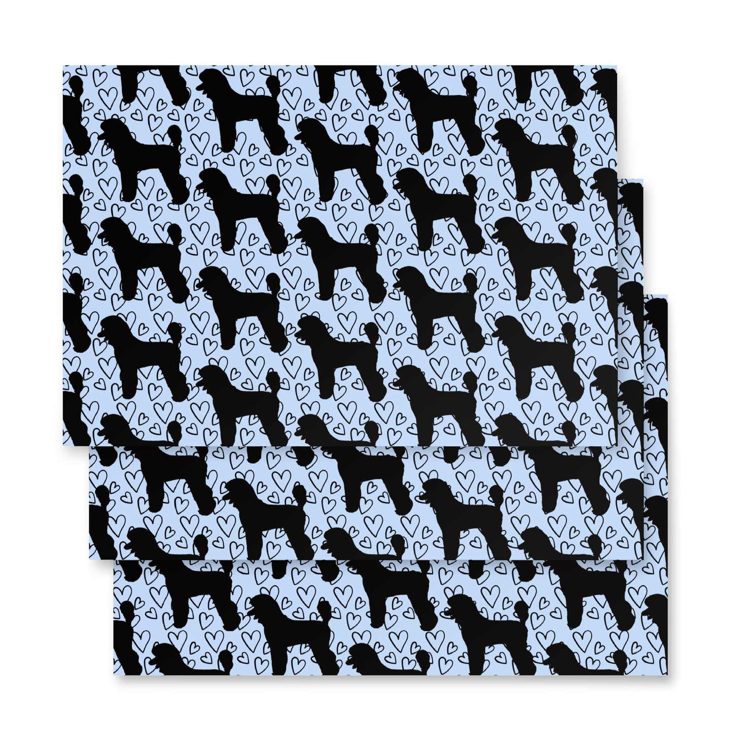 Black Poodle on Blue with Hearts Background Wrapping Paper Sheets