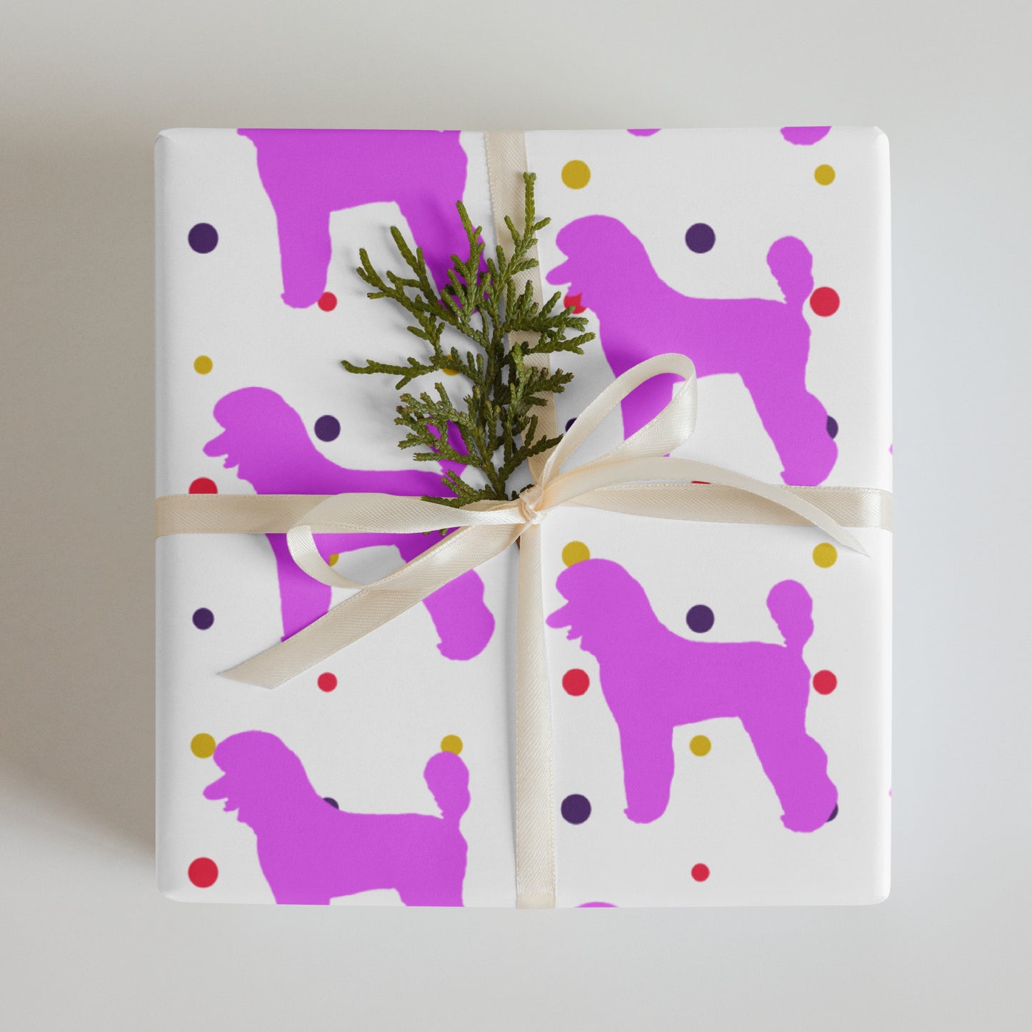 Pink Poodle on Polka Dots Background Wrapping Paper Sheets