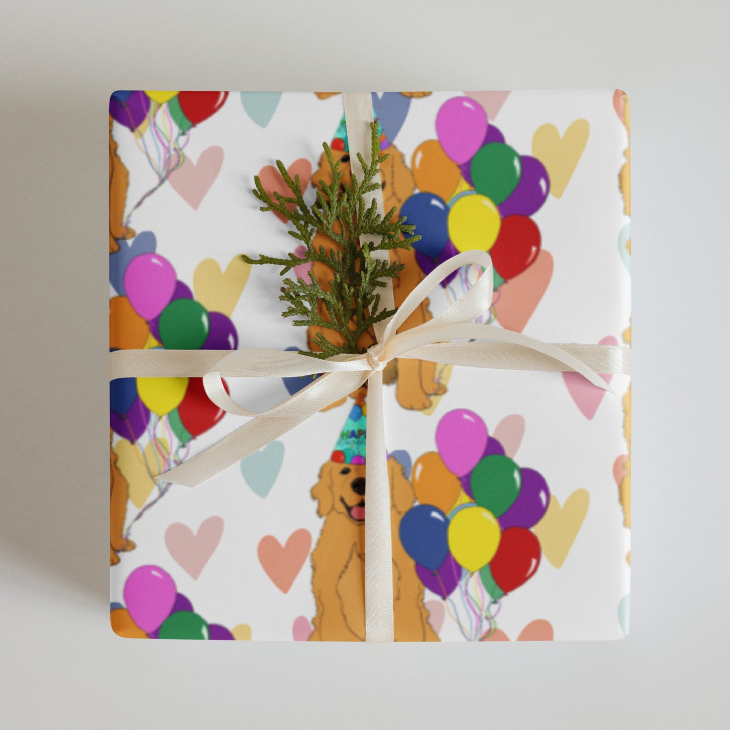 Golden Retriever White Heart Background Wrapping Paper Sheets
