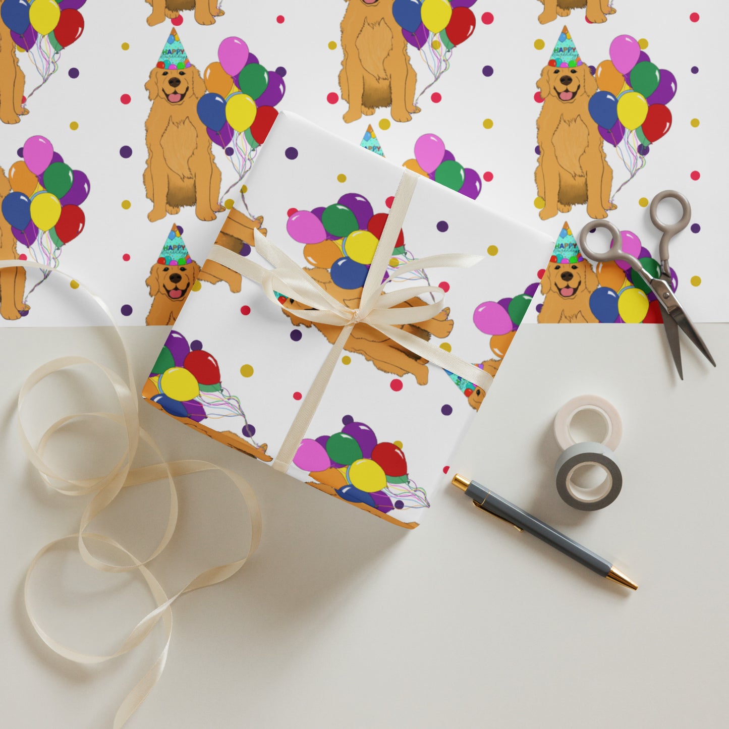 Golden Retriever Birthday White Polka Dot Background Wrapping Paper Sheets
