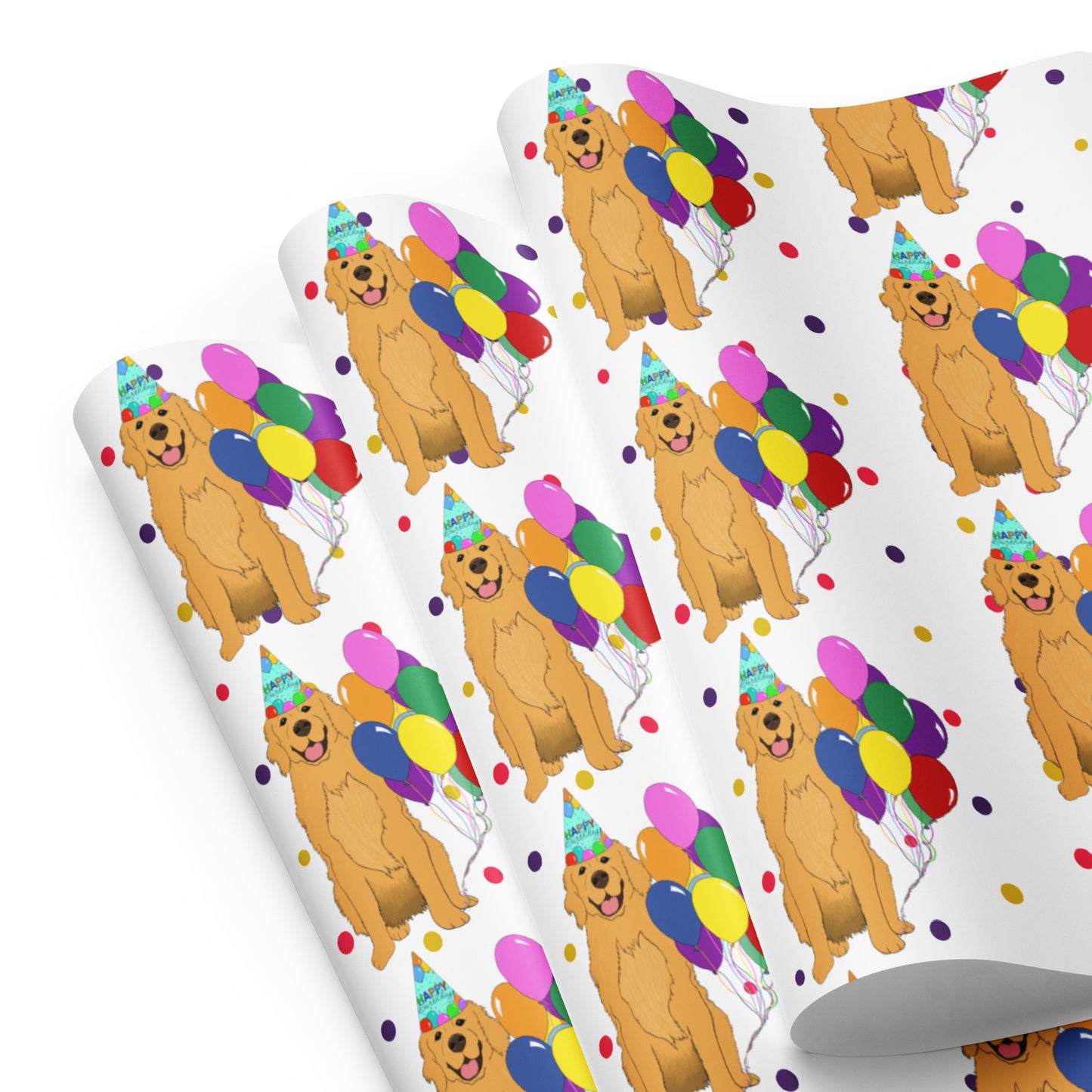 Golden Retriever Birthday White Polka Dot Background Wrapping Paper Sheets