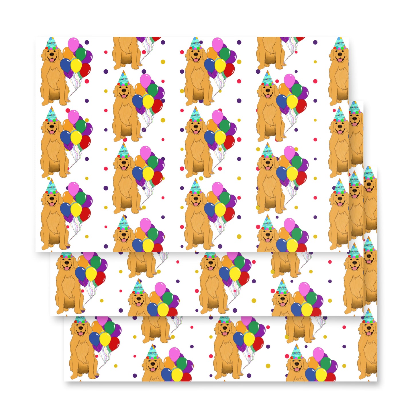 Golden Retriever Birthday White Polka Dot Background Wrapping Paper Sheets