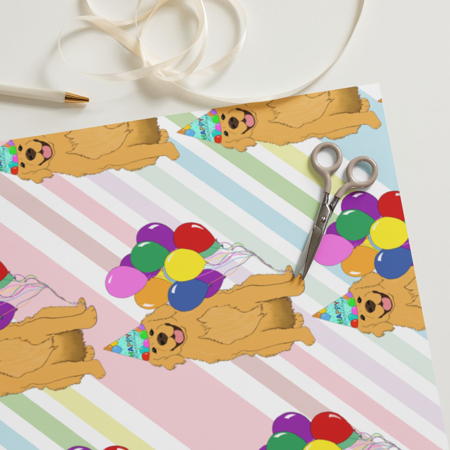 Golden Retriever White Diagonal Stripe Background Wrapping Paper Sheets