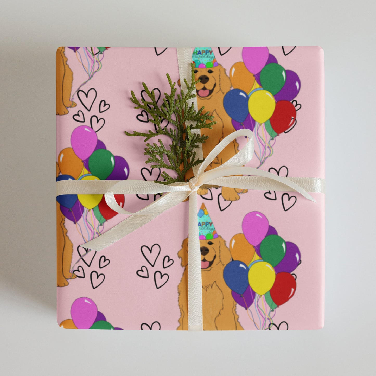 Golden Retriever Birthday Pink Heart Background Wrapping Paper Sheets