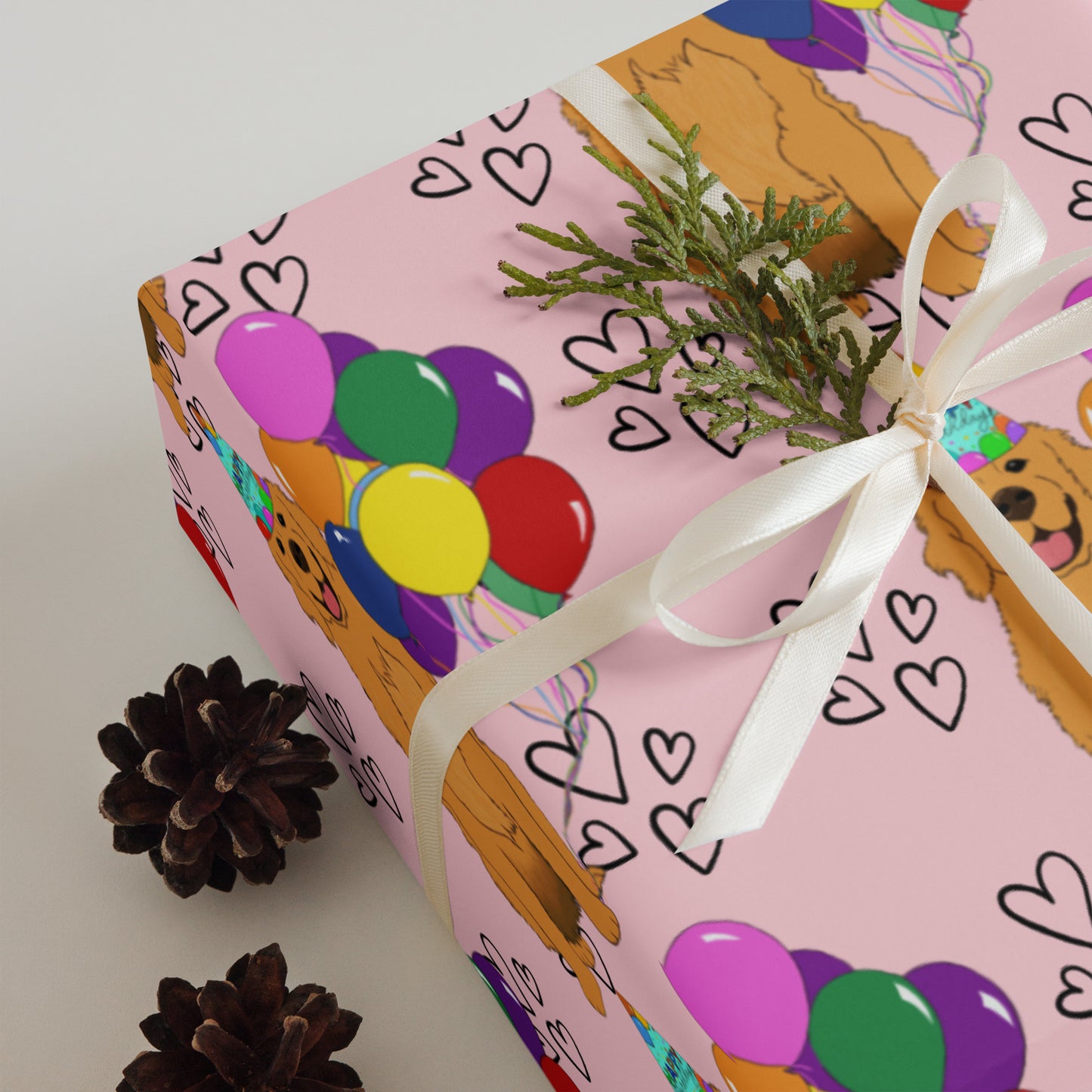 Golden Retriever Birthday Pink Heart Background Wrapping Paper Sheets