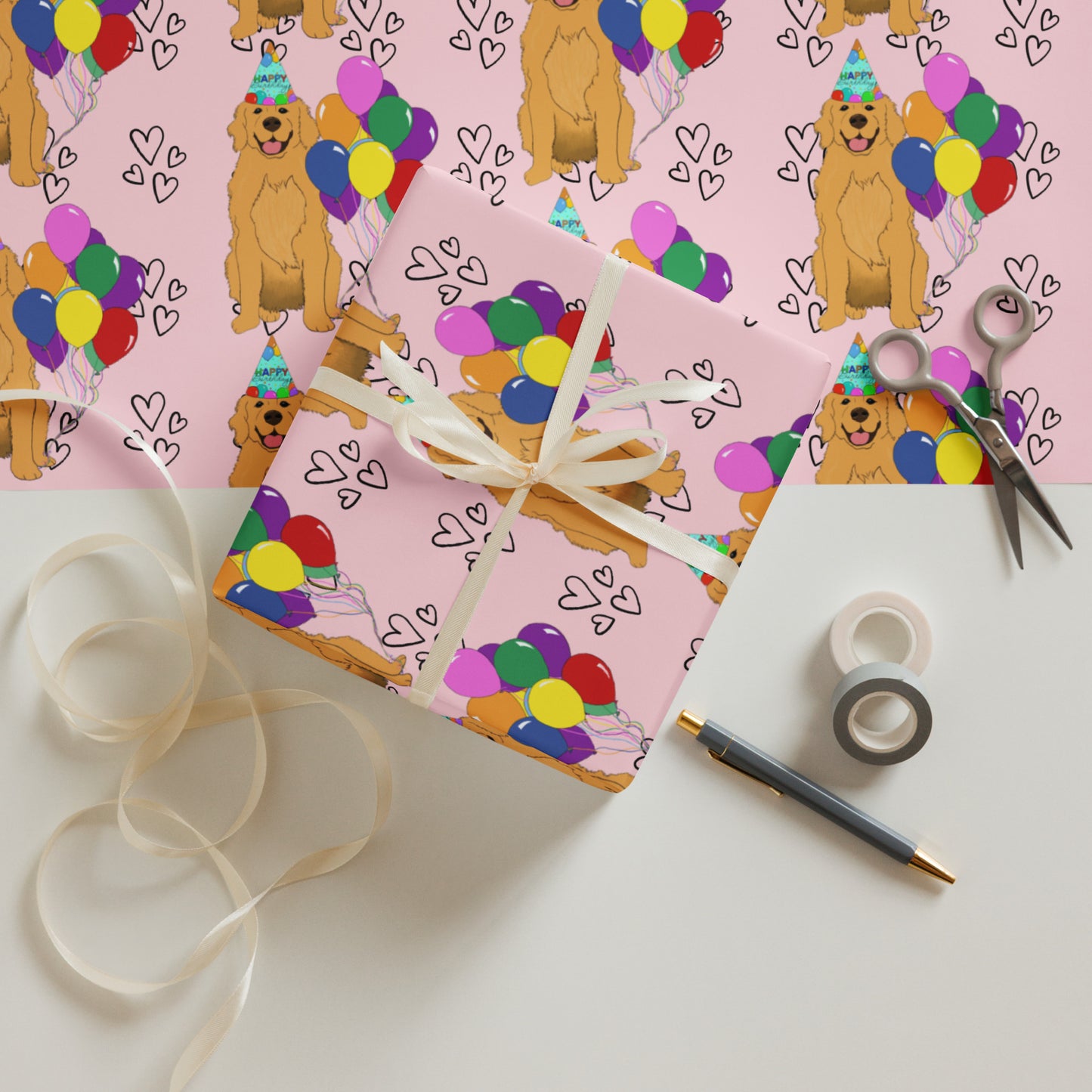 Golden Retriever Birthday Pink Heart Background Wrapping Paper Sheets