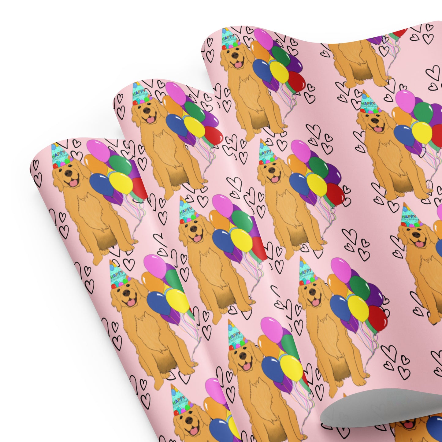 Golden Retriever Birthday Pink Heart Background Wrapping Paper Sheets