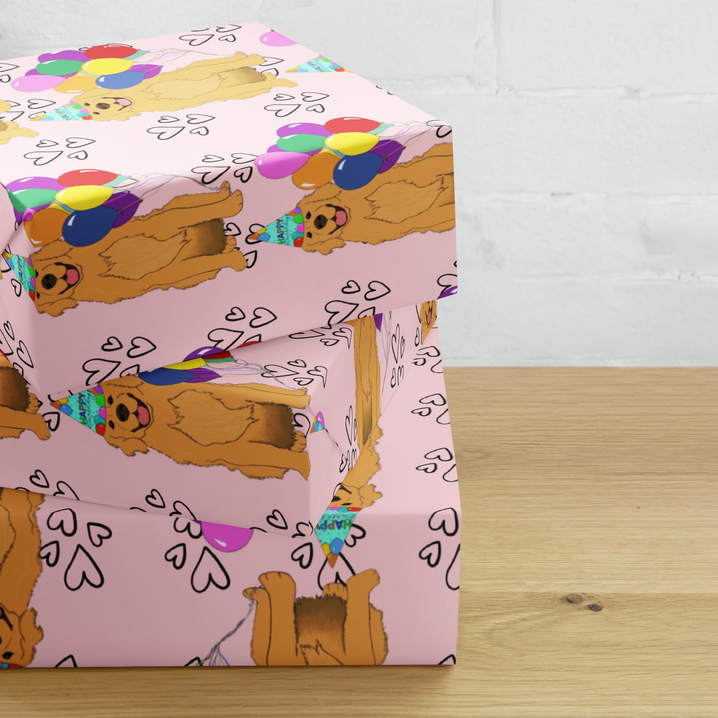 Golden Retriever Birthday Pink Heart Background Wrapping Paper Sheets