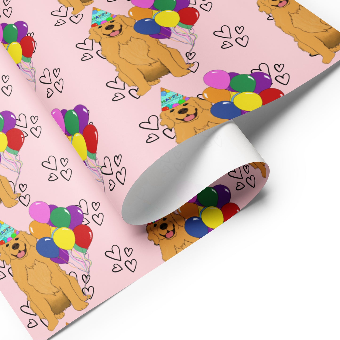 Golden Retriever Birthday Pink Heart Background Wrapping Paper Sheets