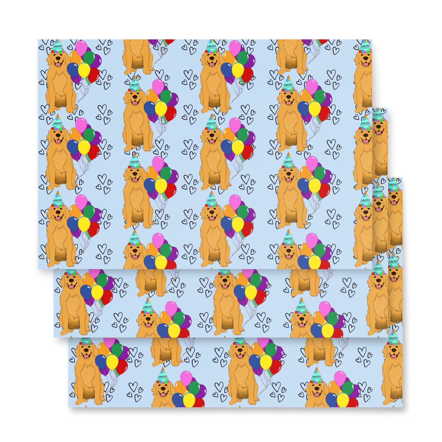 Golden Retriever Birthday Blue Heart Background Wrapping Paper Sheets