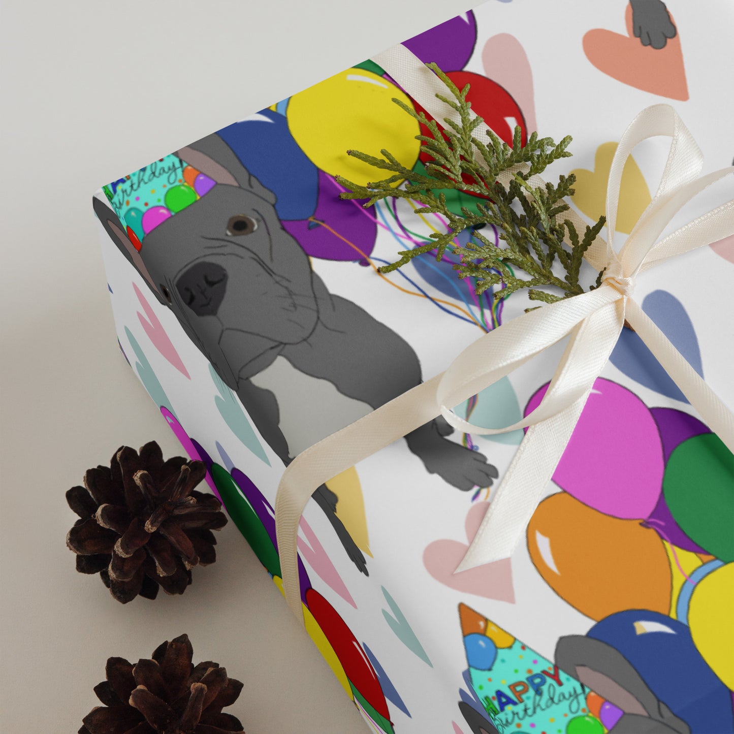 French Bulldog (Grey Frenchie) Color Hearts Background Wrapping Paper Sheets