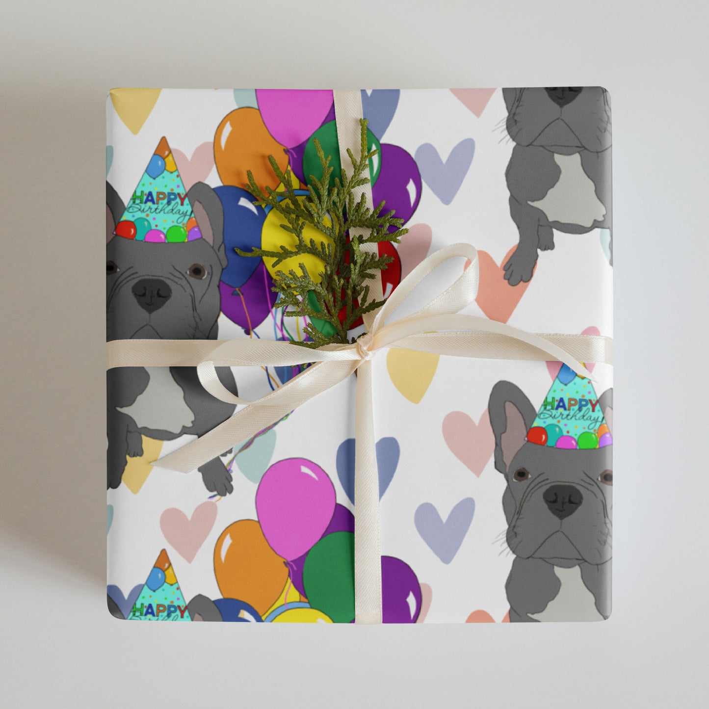 French Bulldog (Grey Frenchie) Color Hearts Background Wrapping Paper Sheets