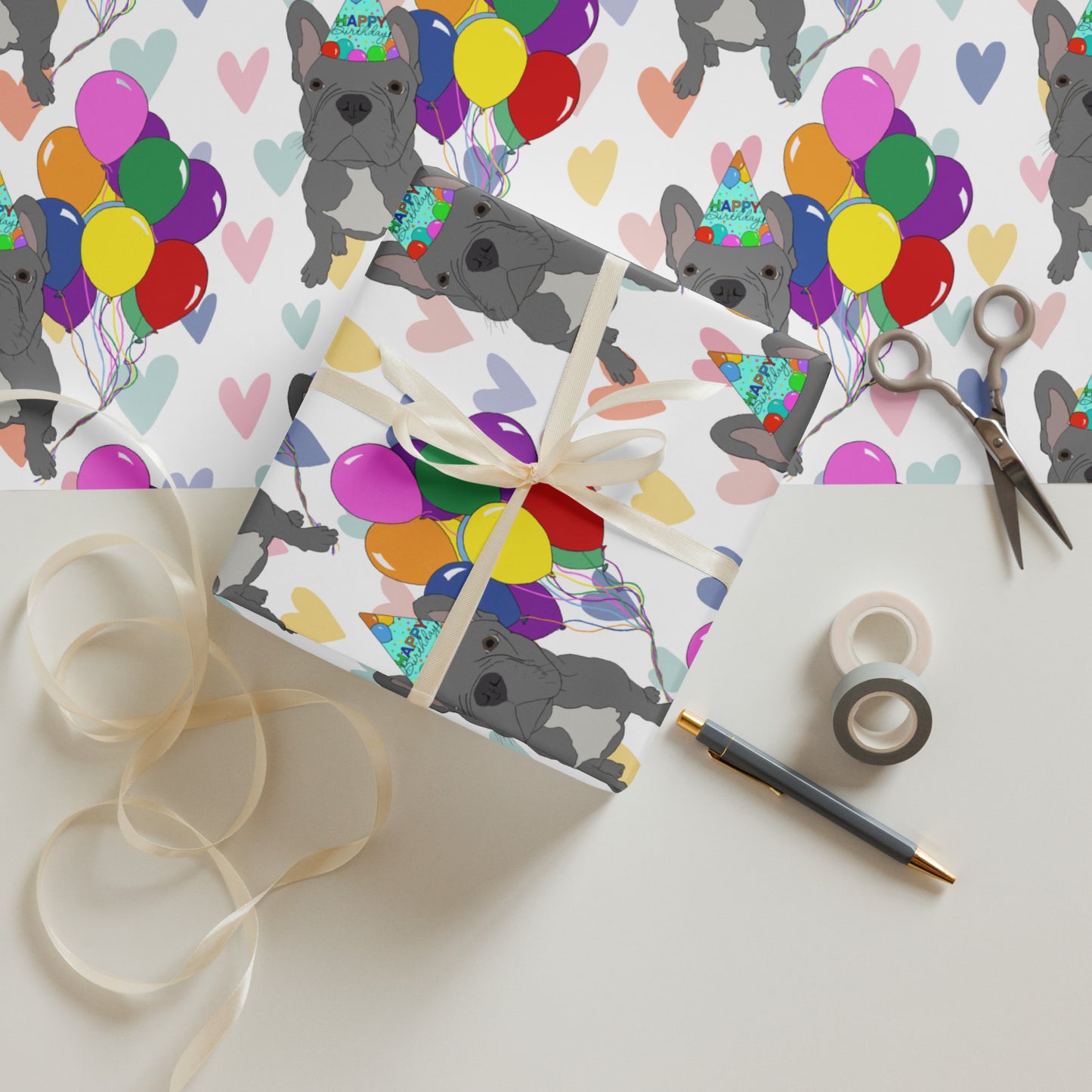 French Bulldog (Grey Frenchie) Color Hearts Background Wrapping Paper Sheets