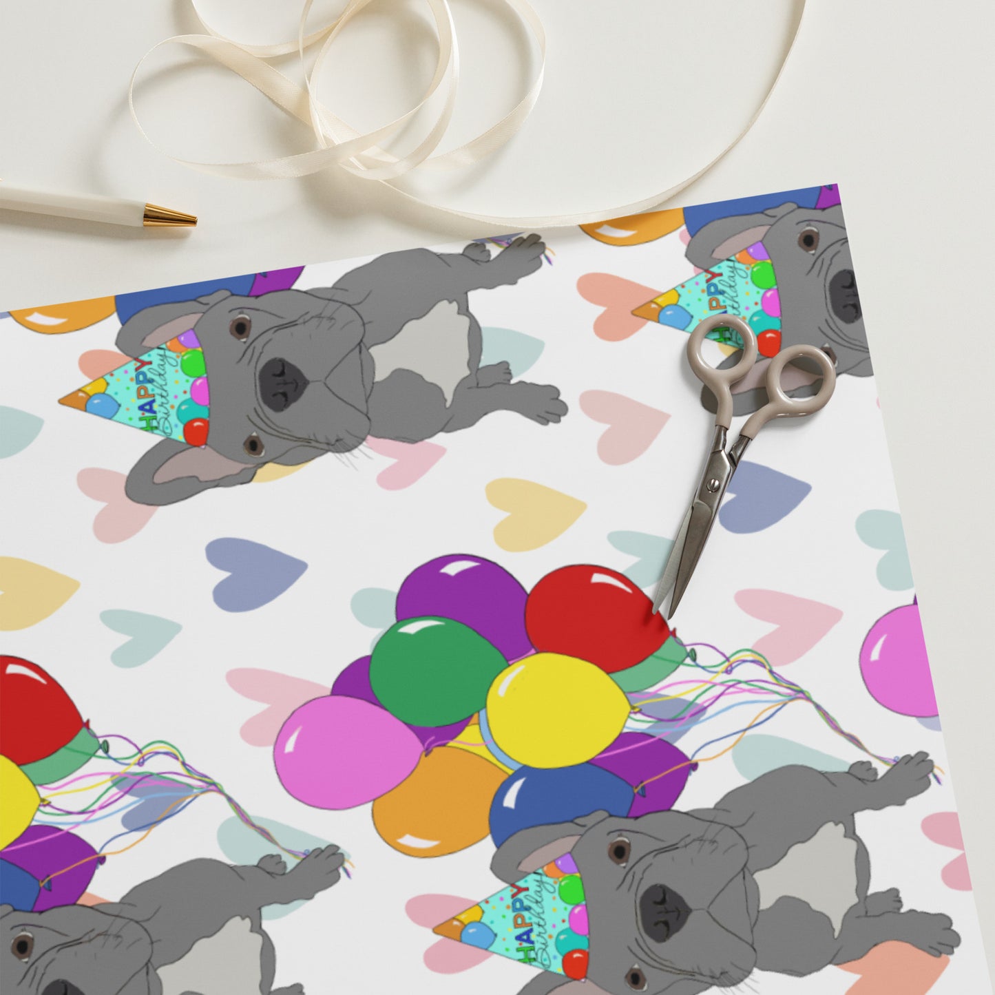 French Bulldog (Grey Frenchie) Color Hearts Background Wrapping Paper Sheets