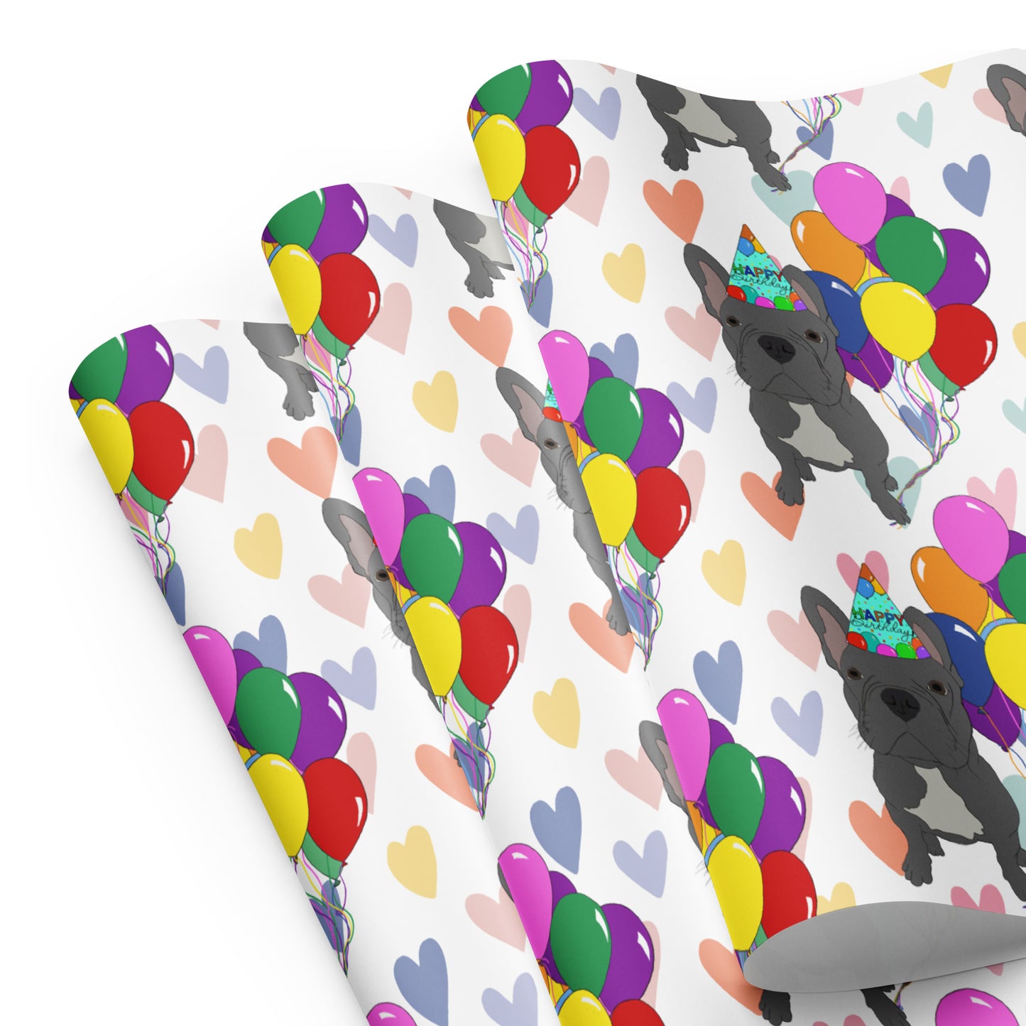 French Bulldog (Grey Frenchie) Color Hearts Background Wrapping Paper Sheets