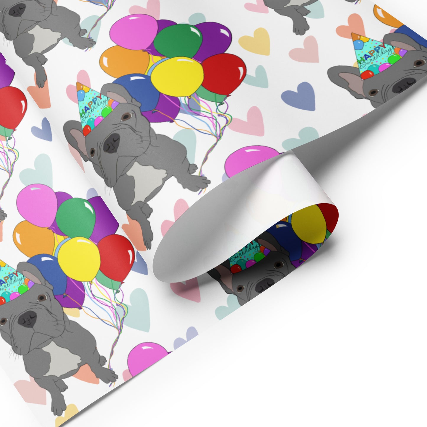 French Bulldog (Grey Frenchie) Color Hearts Background Wrapping Paper Sheets