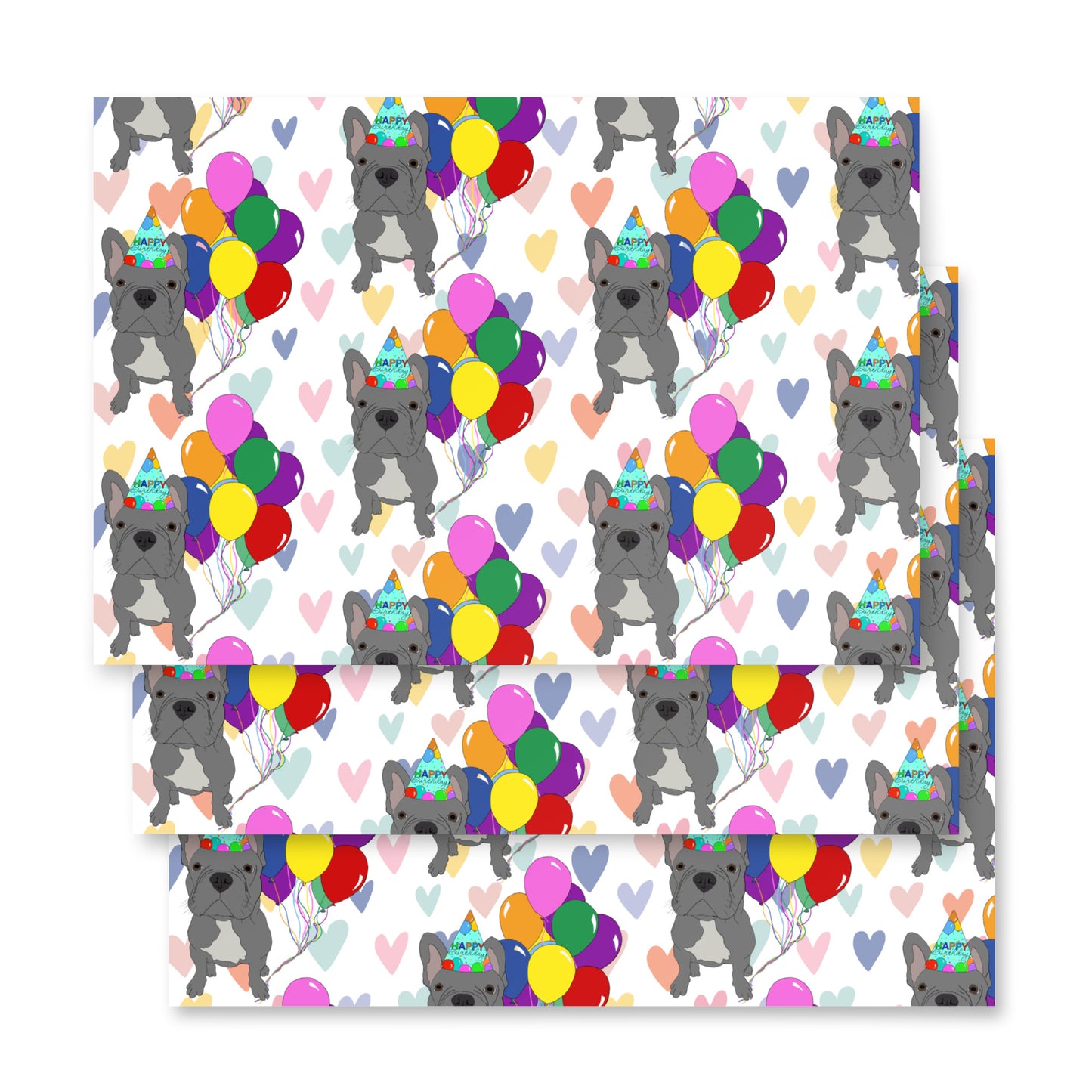 French Bulldog (Grey Frenchie) Color Hearts Background Wrapping Paper Sheets