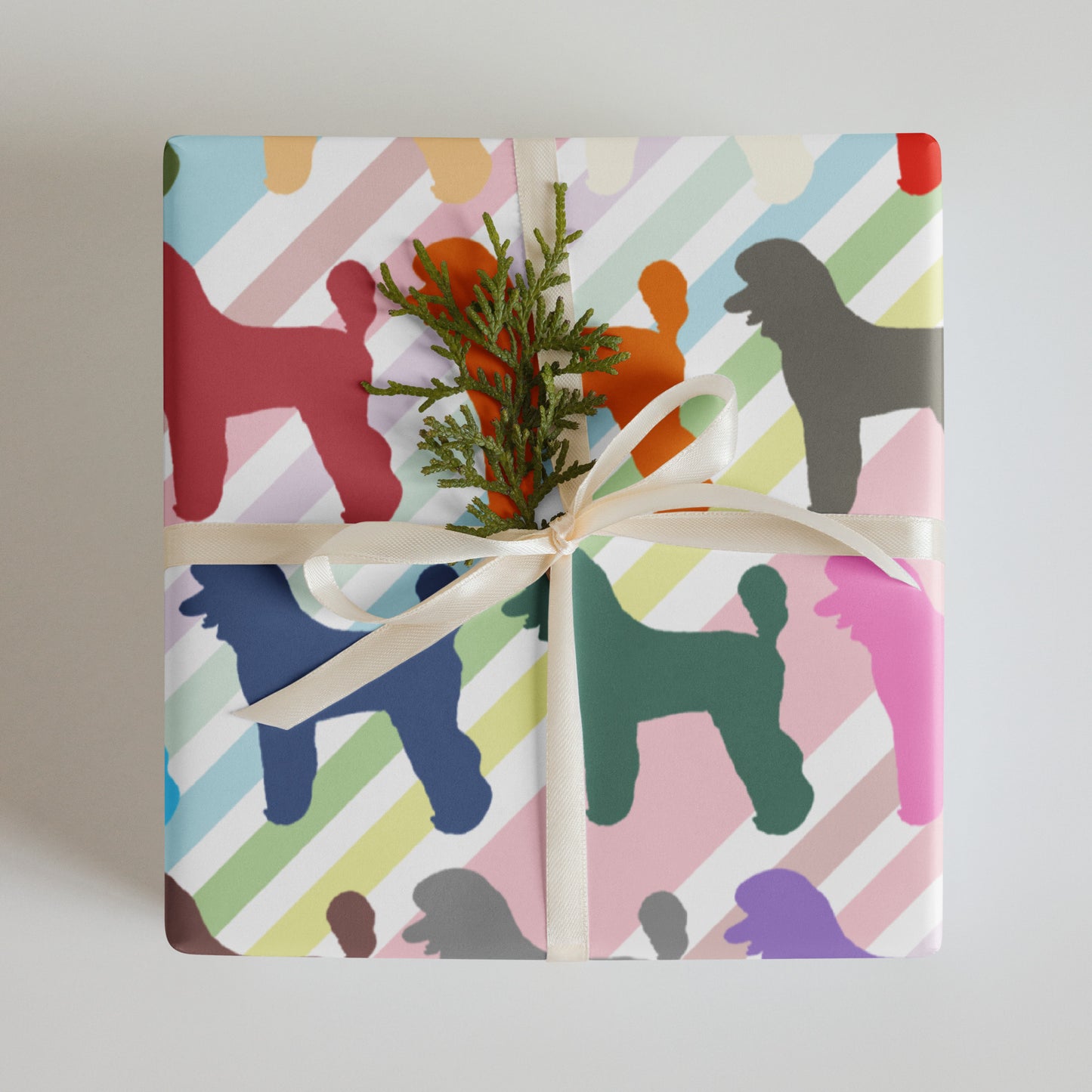 Colorful Poodles on Color Diagonal Stripe Background Wrapping Paper Sheets