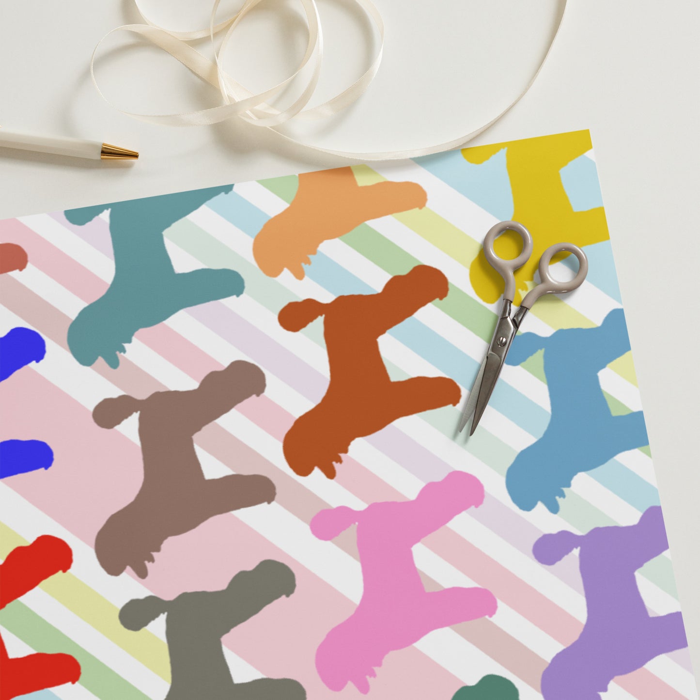 Colorful Poodles on Color Diagonal Stripe Background Wrapping Paper Sheets
