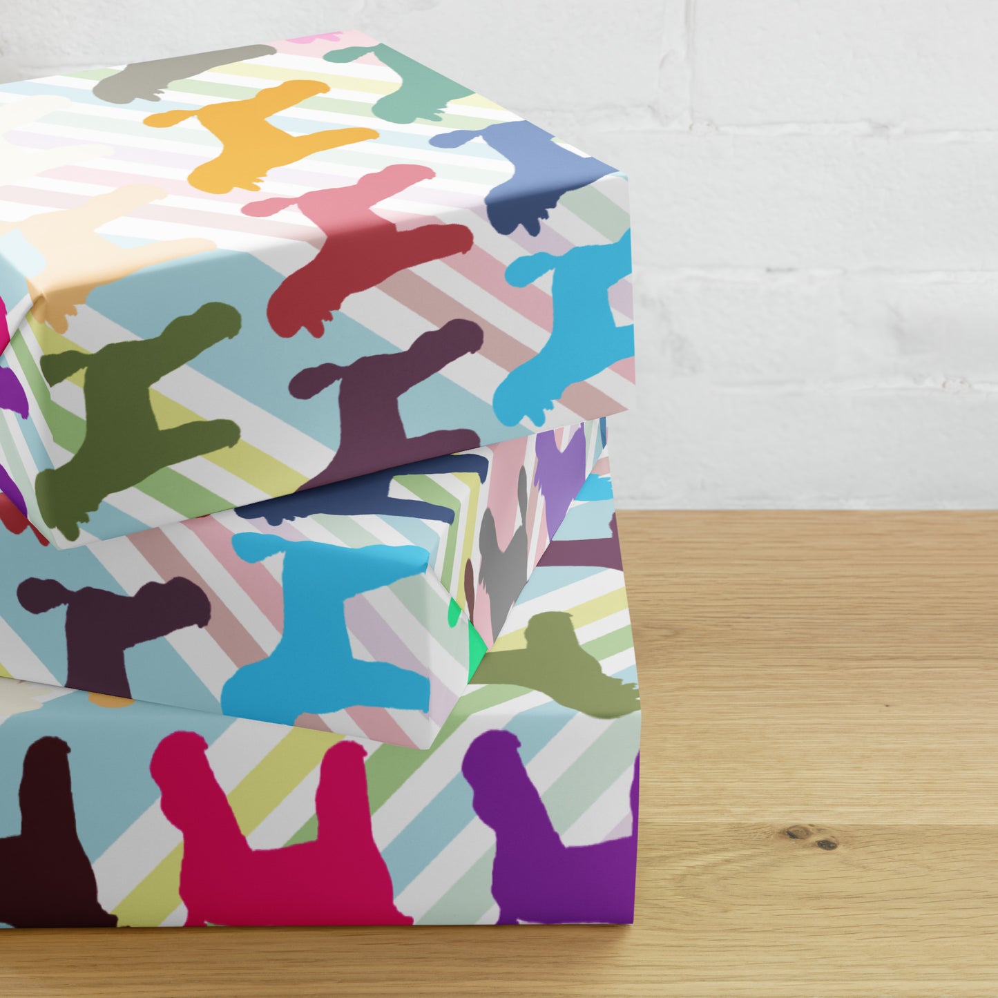 Colorful Poodles on Color Diagonal Stripe Background Wrapping Paper Sheets