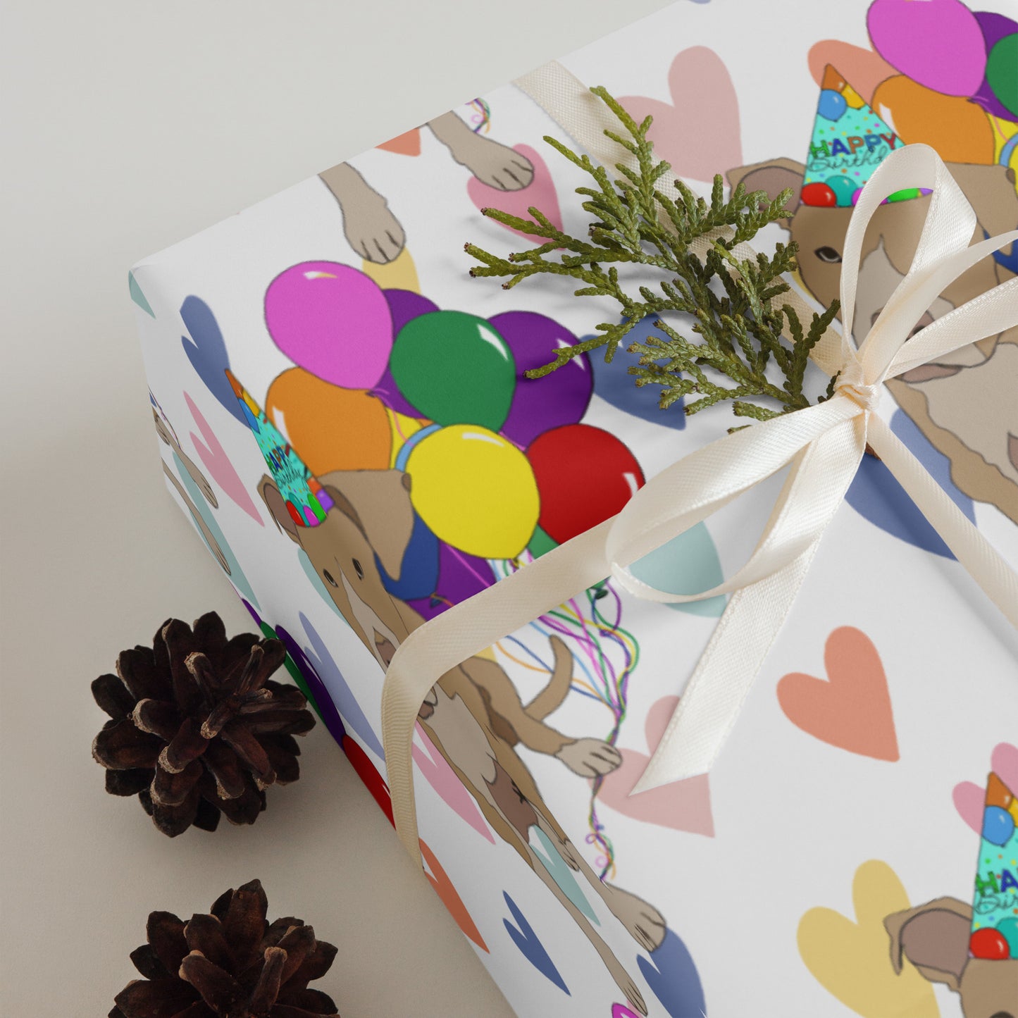 Tan Pit Bull Birthday Color Hearts Background Wrapping Paper Sheets
