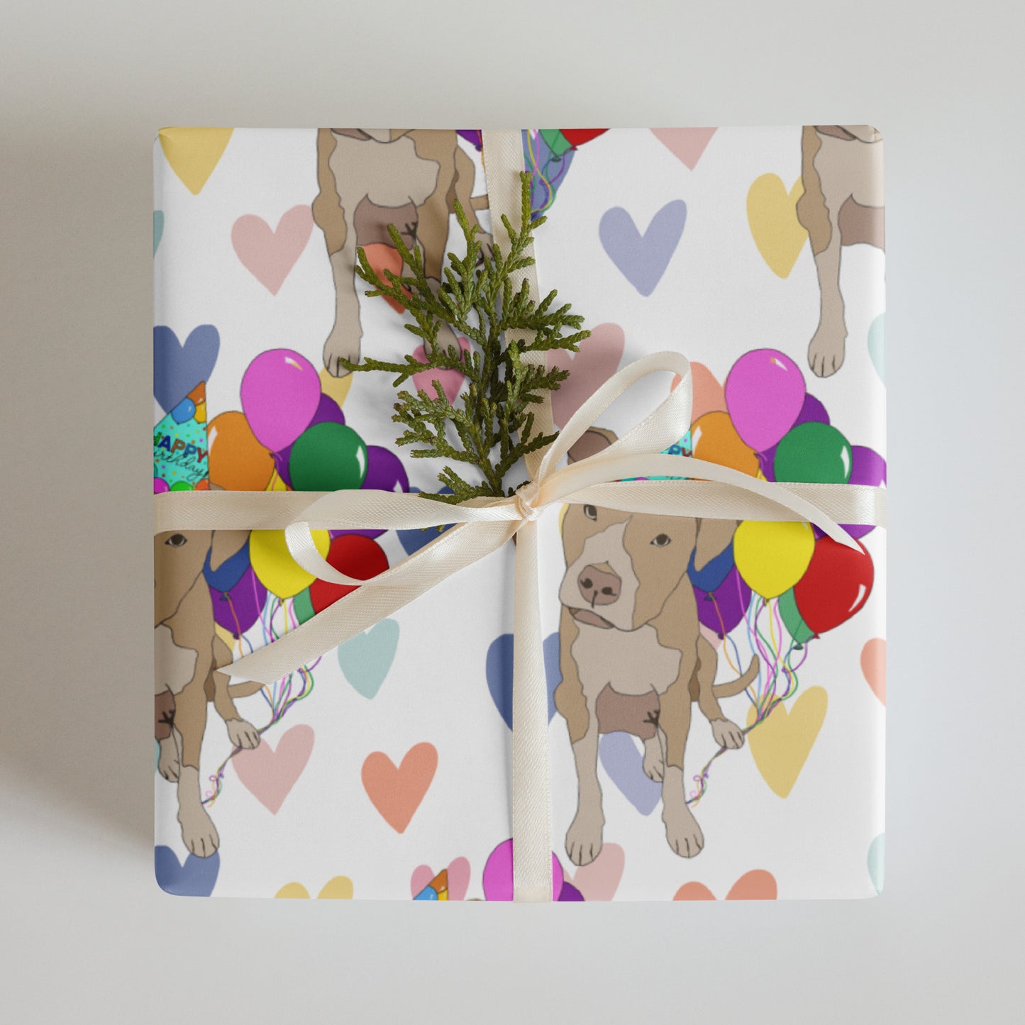 Tan Pit Bull Birthday Color Hearts Background Wrapping Paper Sheets