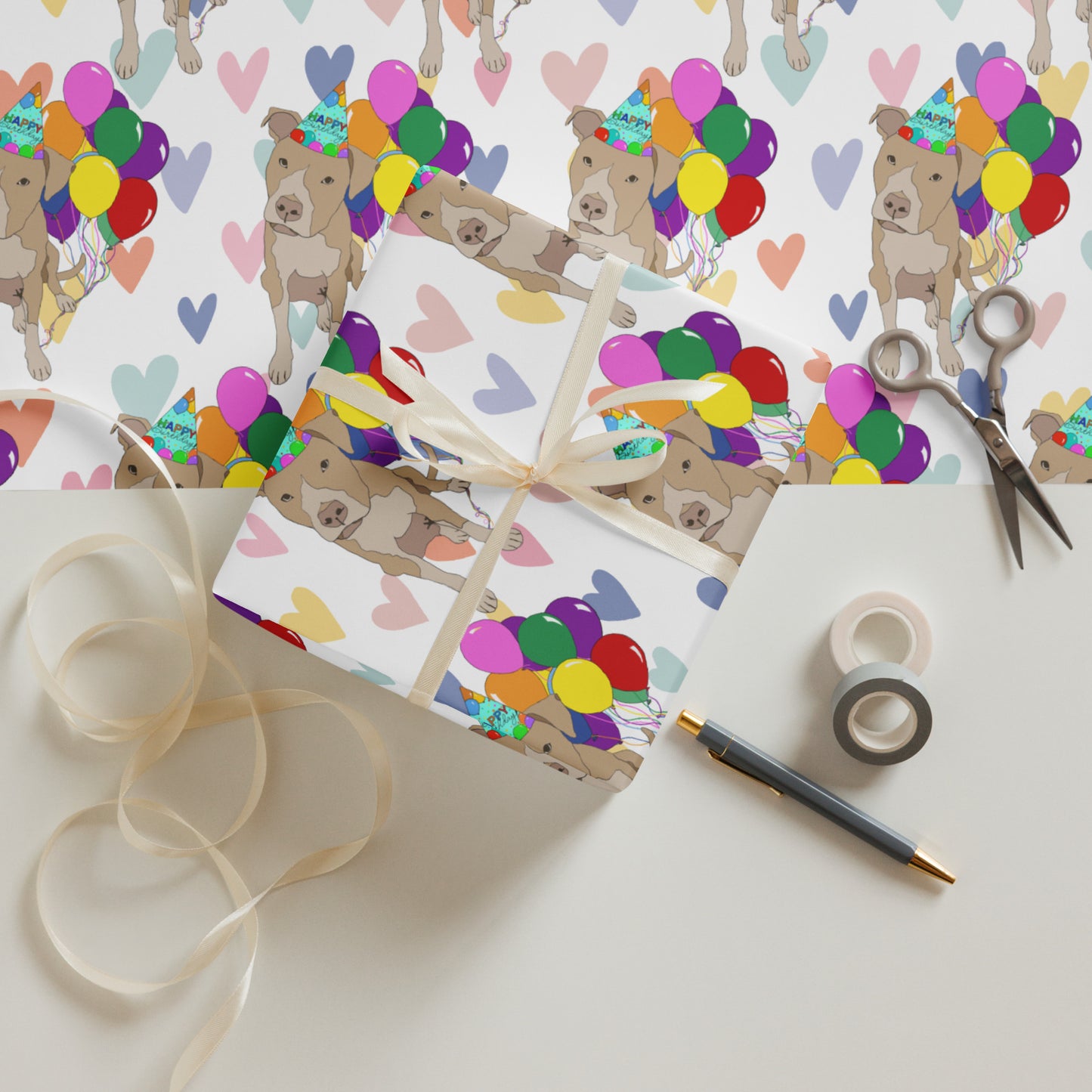 Tan Pit Bull Birthday Color Hearts Background Wrapping Paper Sheets